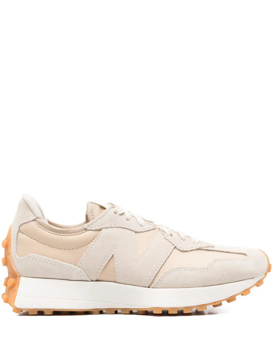 Suede panelled lace-up sneakers with cream uppers and orange rubber outsole