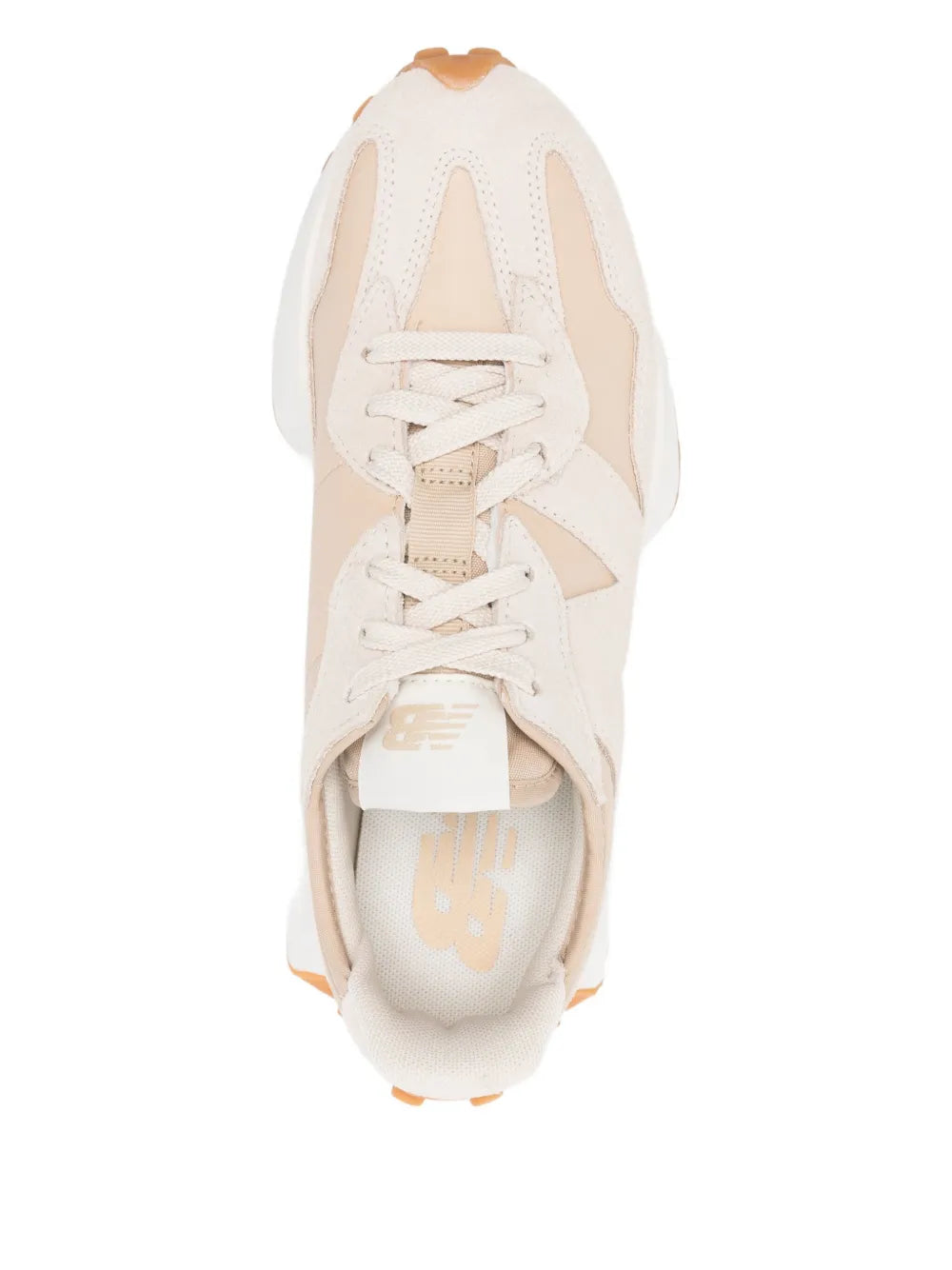 Suede lace-up sneakers with cream upper, white laces, and orange sole
