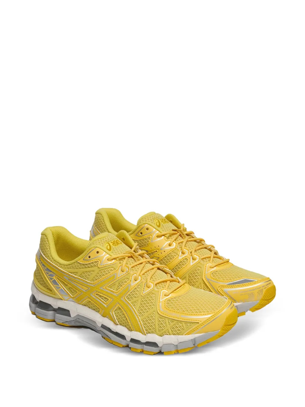 Yellow lace-up running shoe with GEL-style midsole and breathable mesh upper