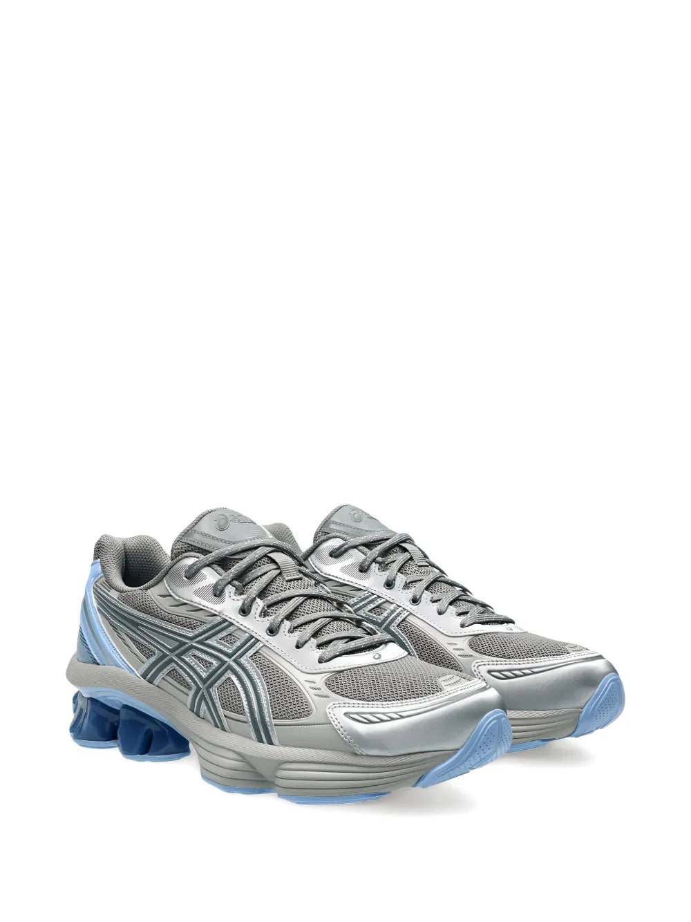 Grey lace-up running shoe with blue cushioned sole and patterned breathable upper