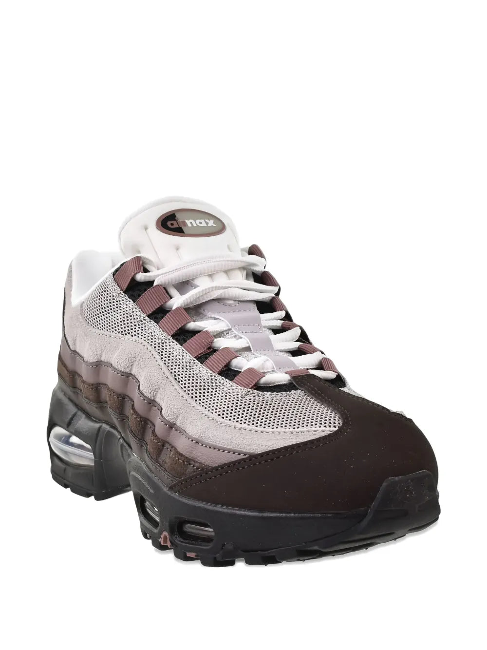 Nike Air Max 95 sneakers with white mesh, dark brown panels, and visible Air units