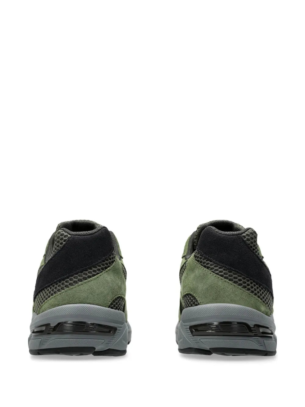 Pair of green and black running shoes with cushioned heel, rear view