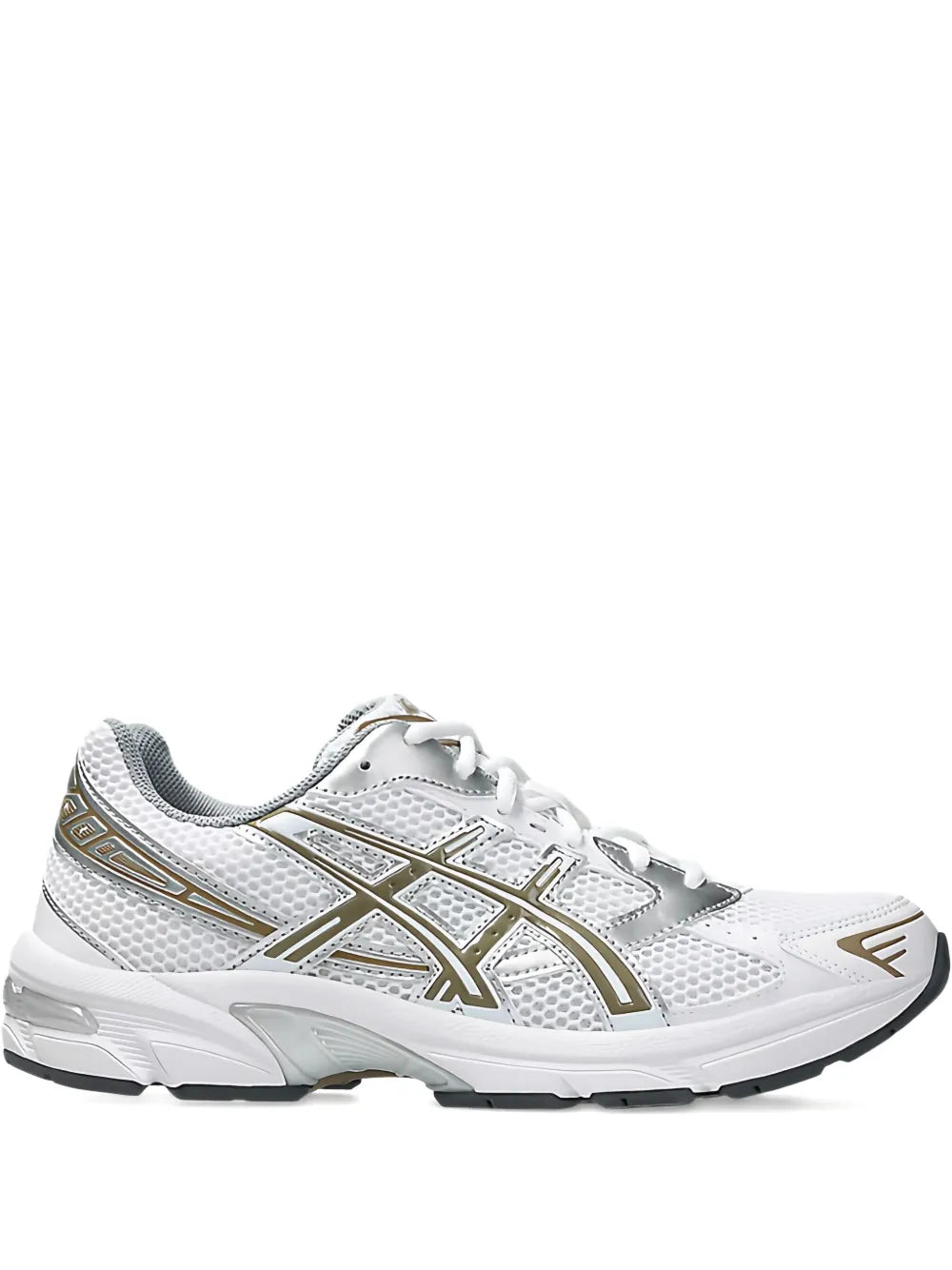 ASICS Gel-1130 white running sneaker with mesh upper, lace-up front, gold stripe accents