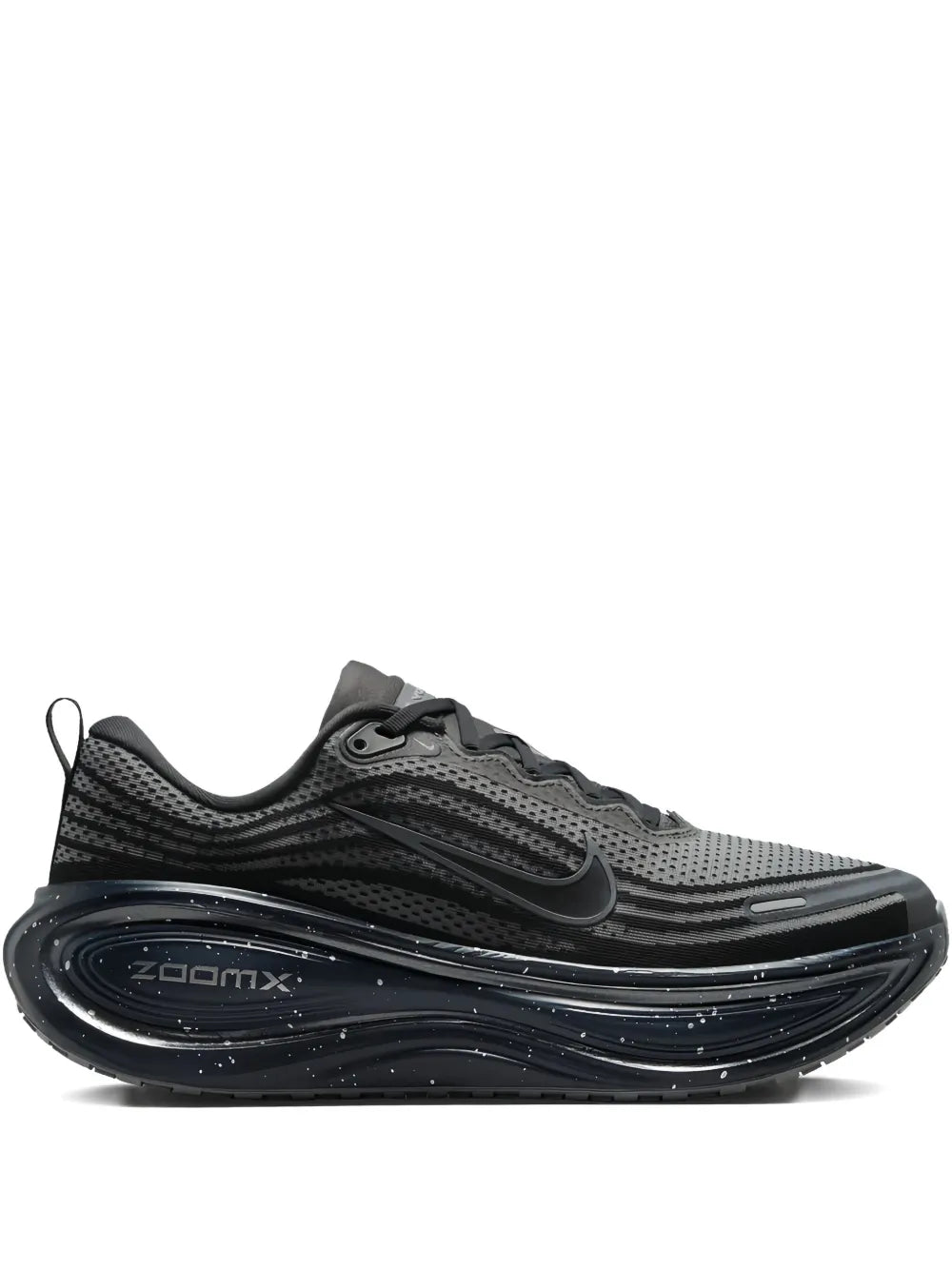 Nike Vomero Plus running shoe, dark gray/black mesh upper, swoosh, ZoomX midsole