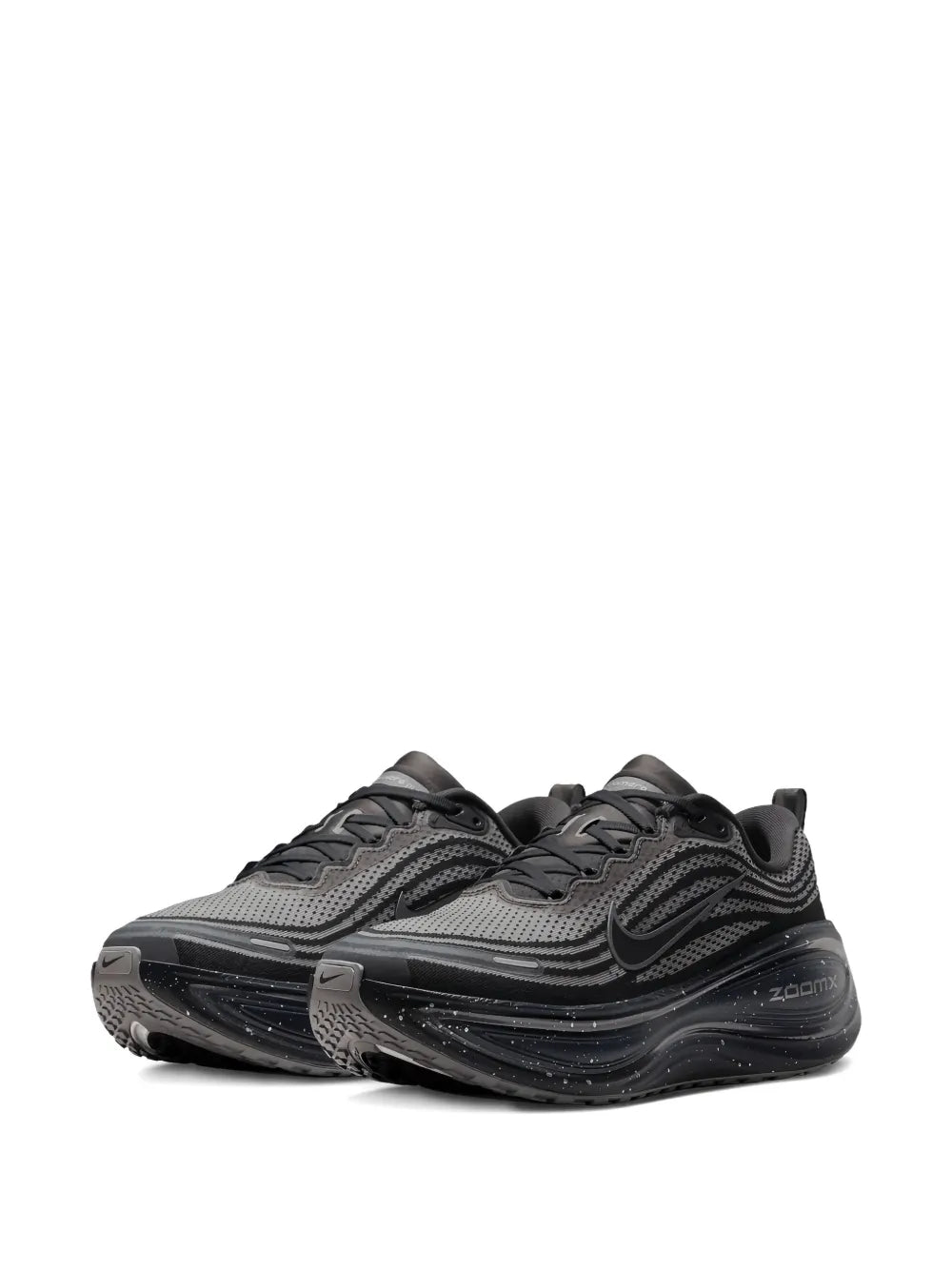 Nike Vomero Plus running shoe, dark gray/black laced mesh upper, textured ZoomX sole