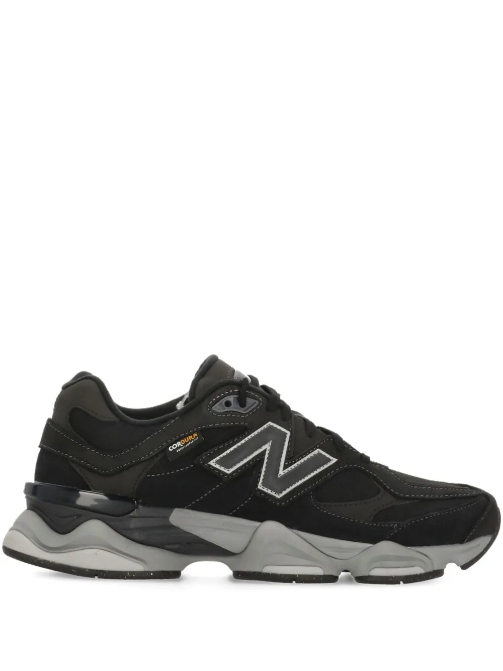Black New Balance 9060 logo sneakers, low-top lace-up with gray midsole
