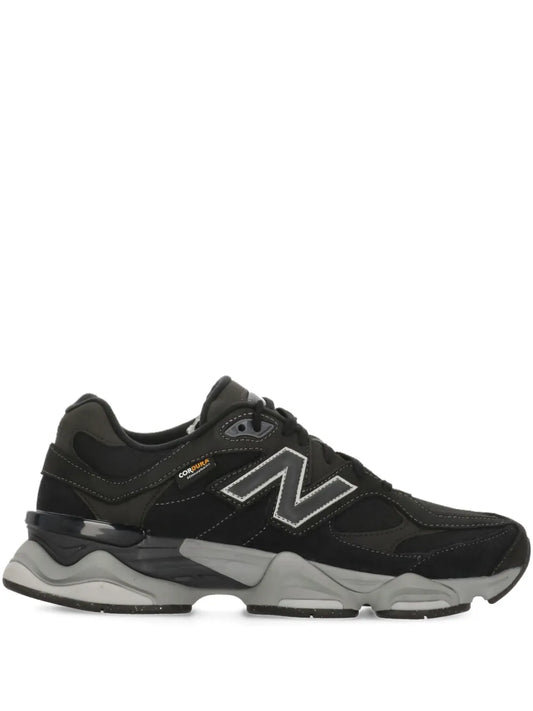 Black New Balance 9060 logo sneakers, low-top lace-up with gray midsole