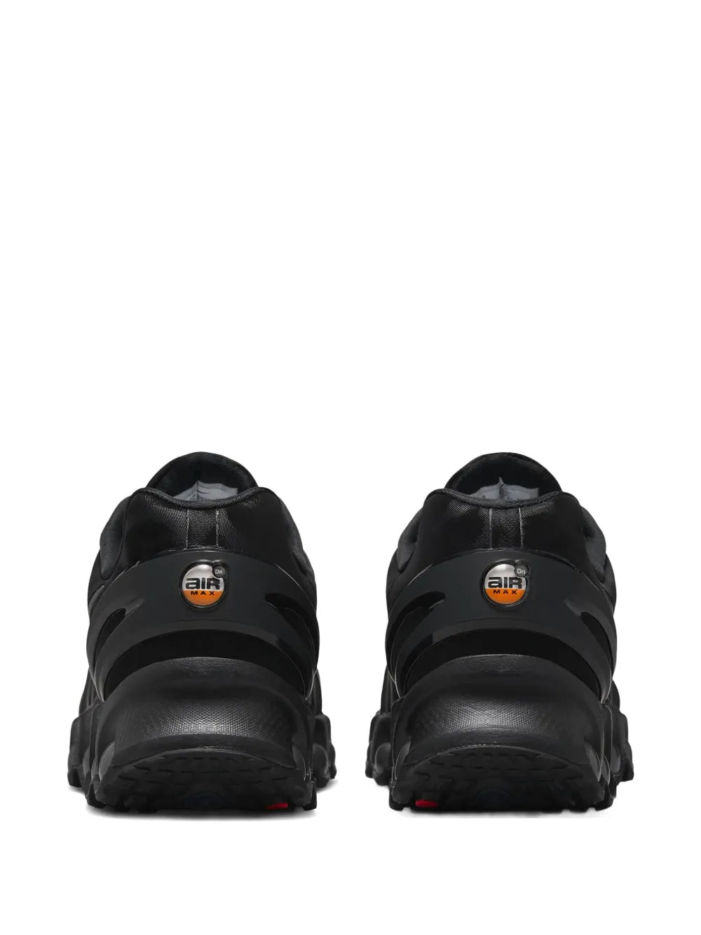 Nike Air Max Dn8 black sneakers, rear view with cushioned heel and Air pods