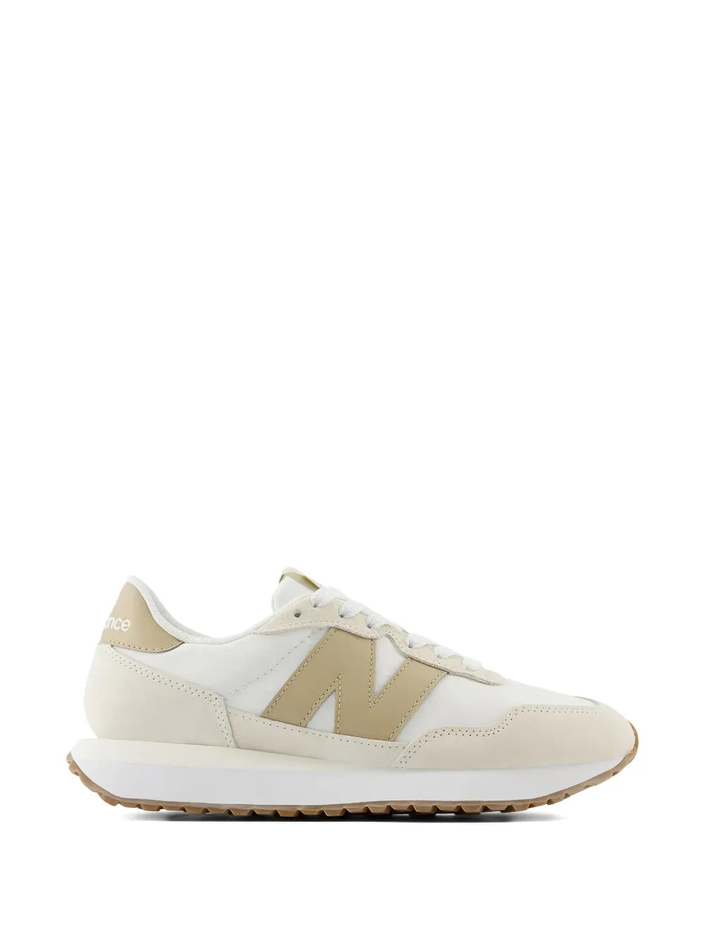 New Balance 237 lace-up sneakers in white with beige logo and gum rubber sole