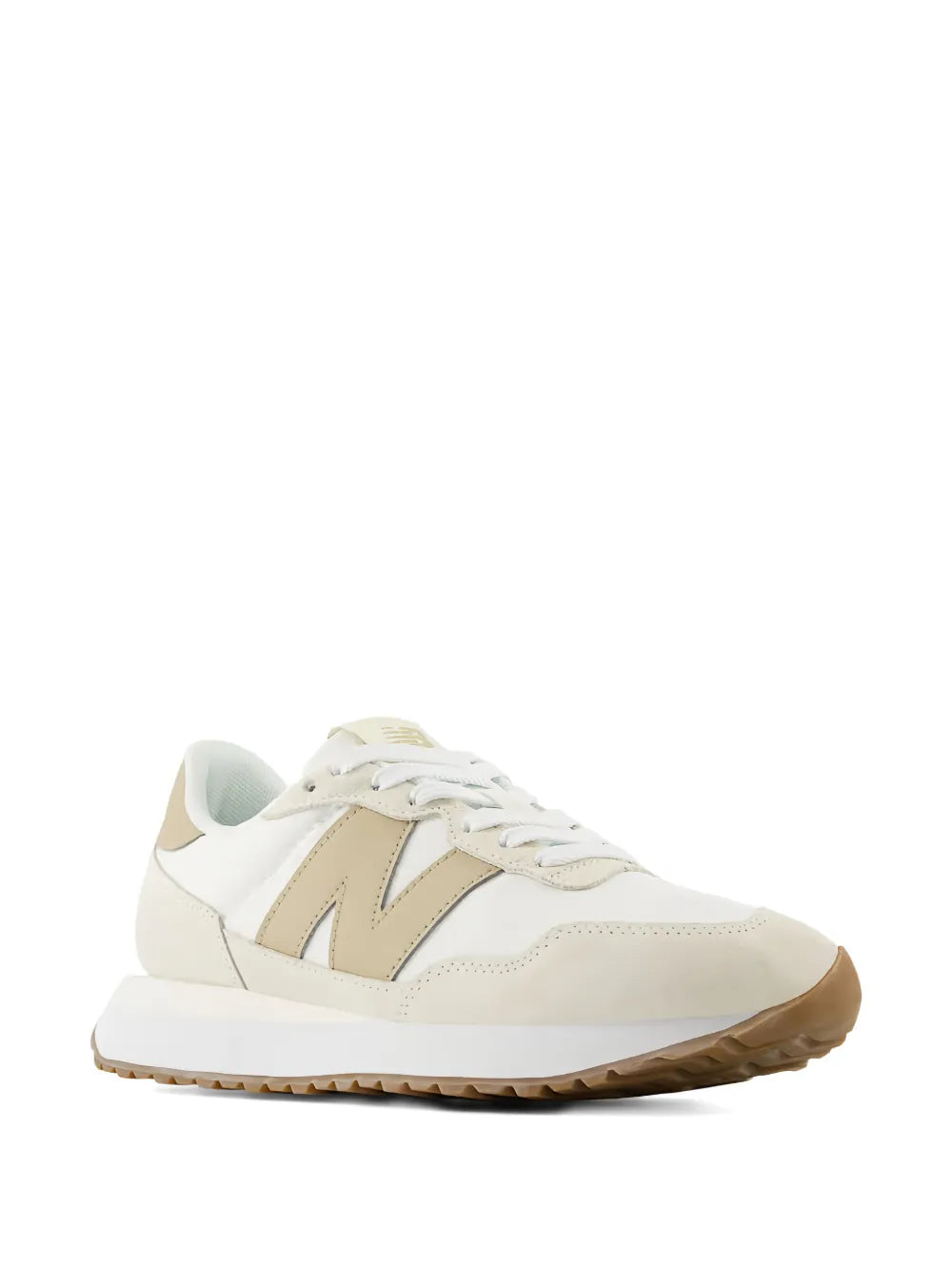 New Balance 237 low-top sneakers with white upper, beige side logo, lace-up front
