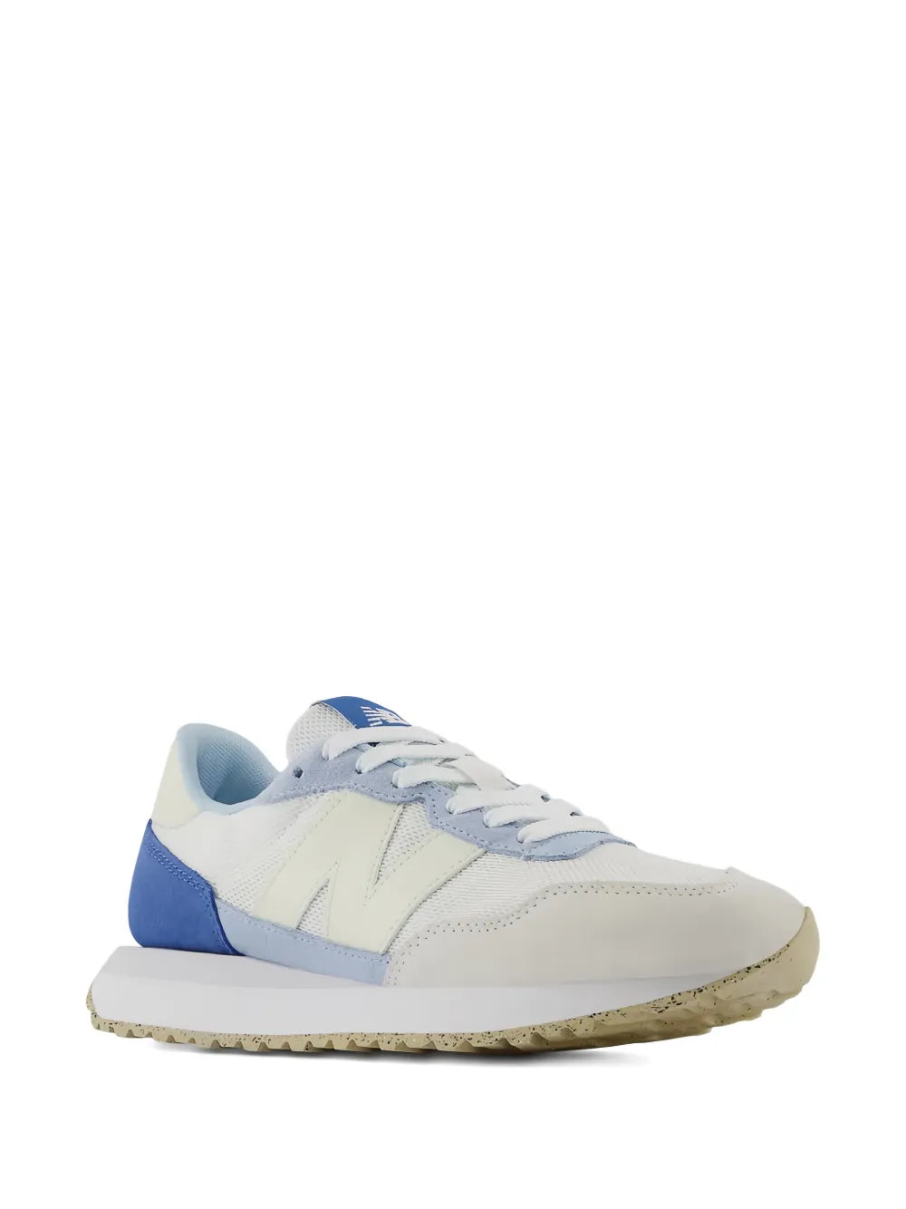 New Balance 237 sneaker in white with blue heel, light blue laces, rubber sole