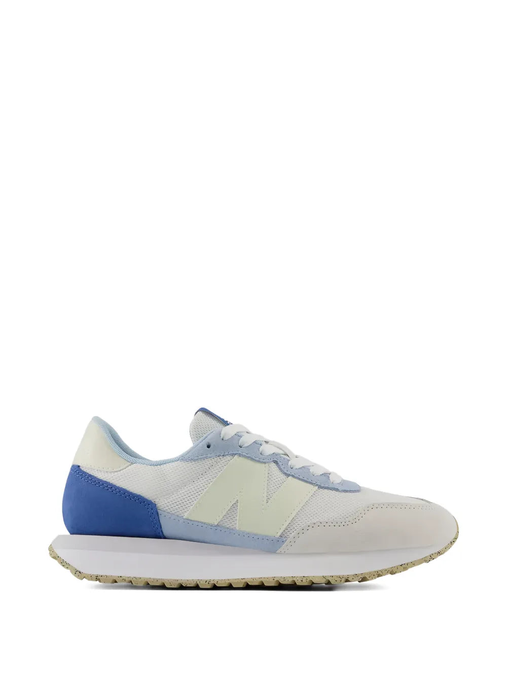 New Balance 237 low-top sneaker, white with blue panels and lace-up design