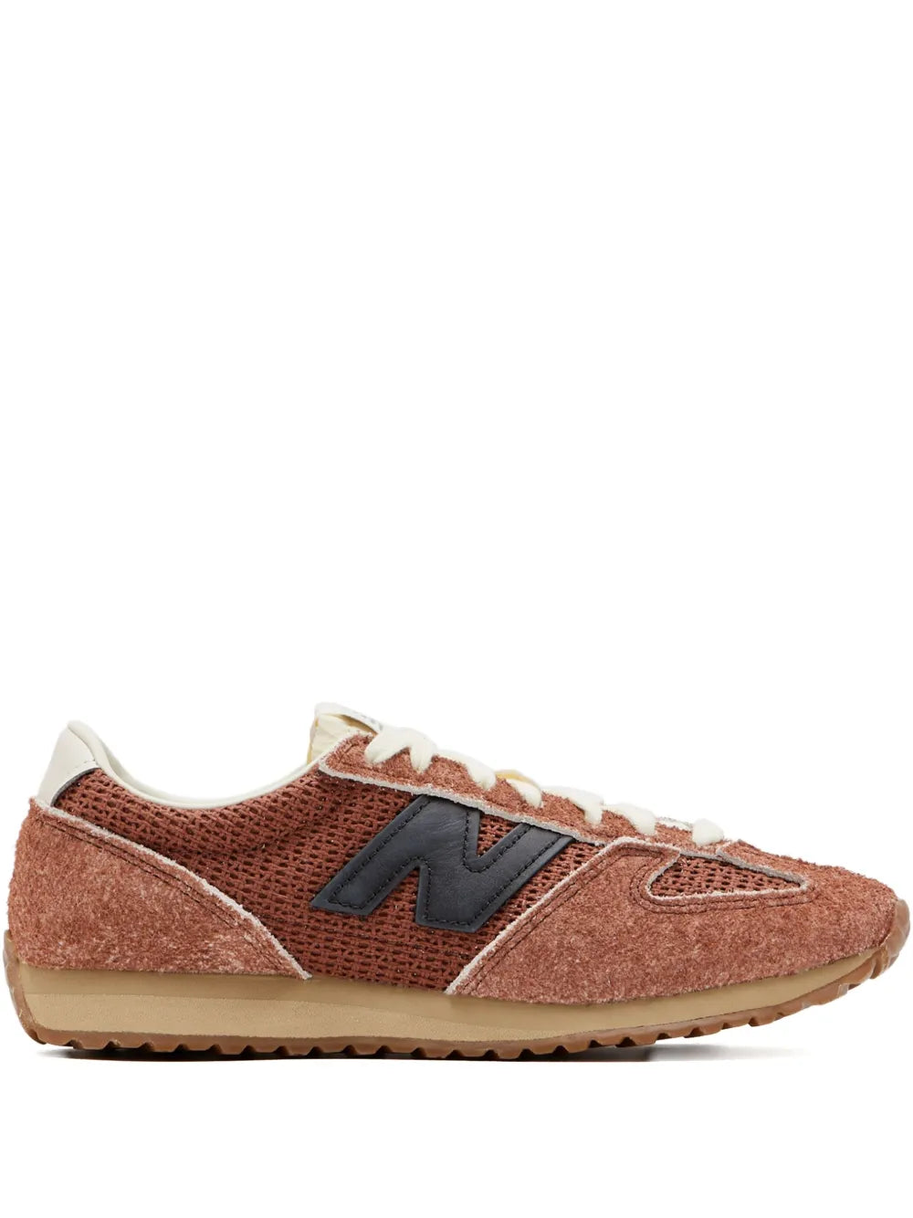 New Balance suede sneakers, brown with black N logo, white laces, gum sole