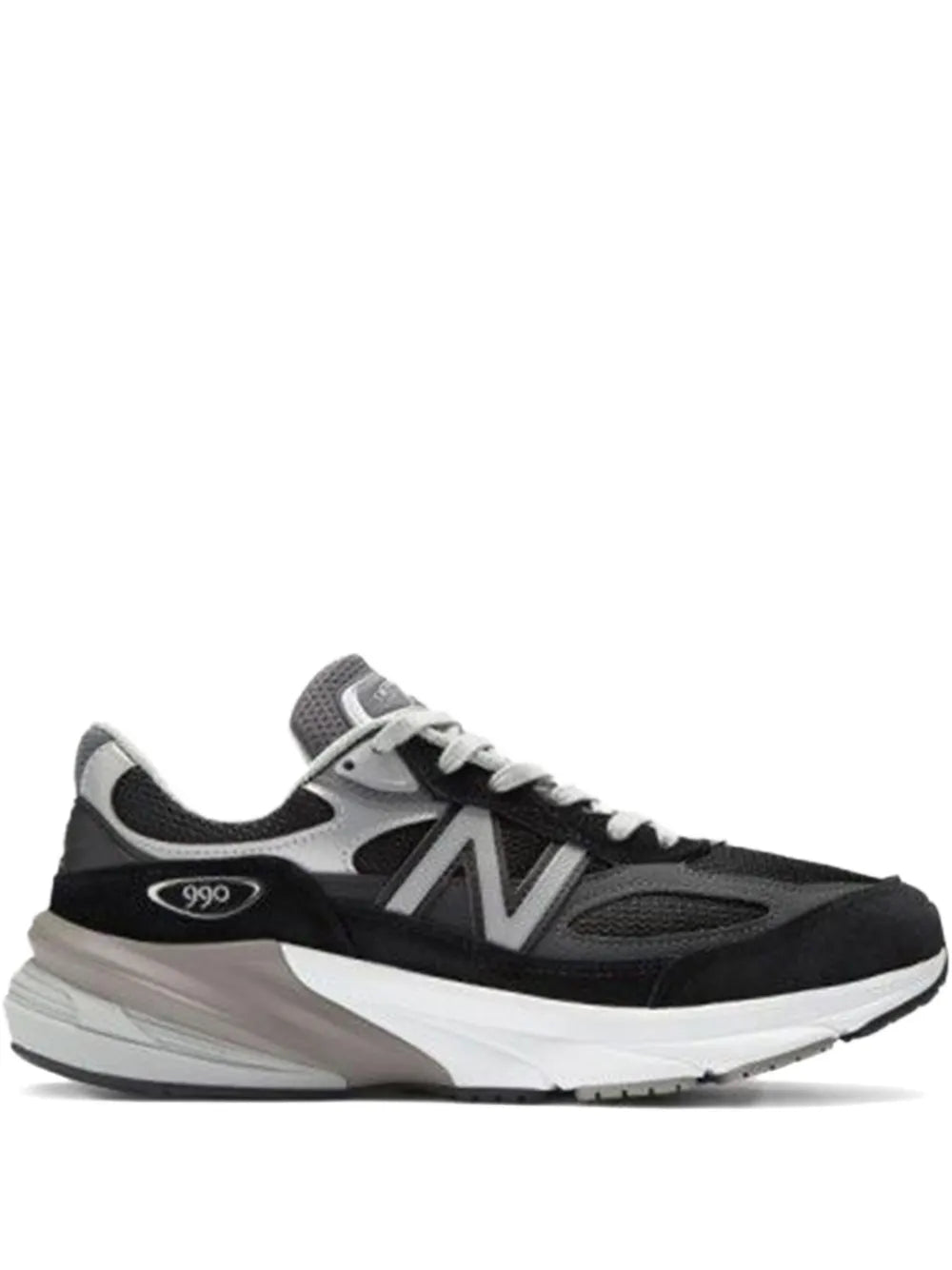 Black New Balance 990V6 lace-up running sneaker with white N logo and gray accents