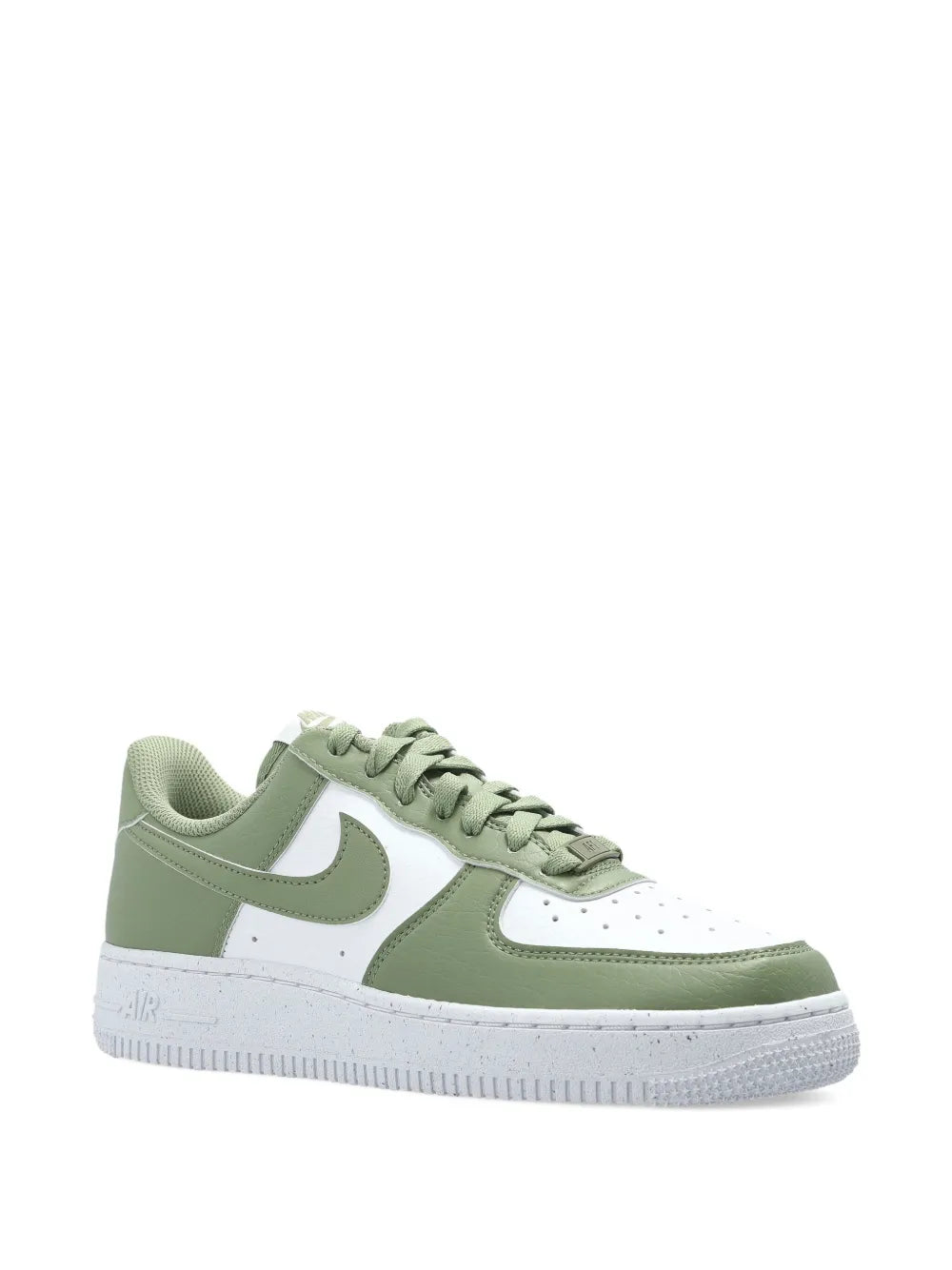 Green and white Nike lace-up sneakers, side view with white Swoosh