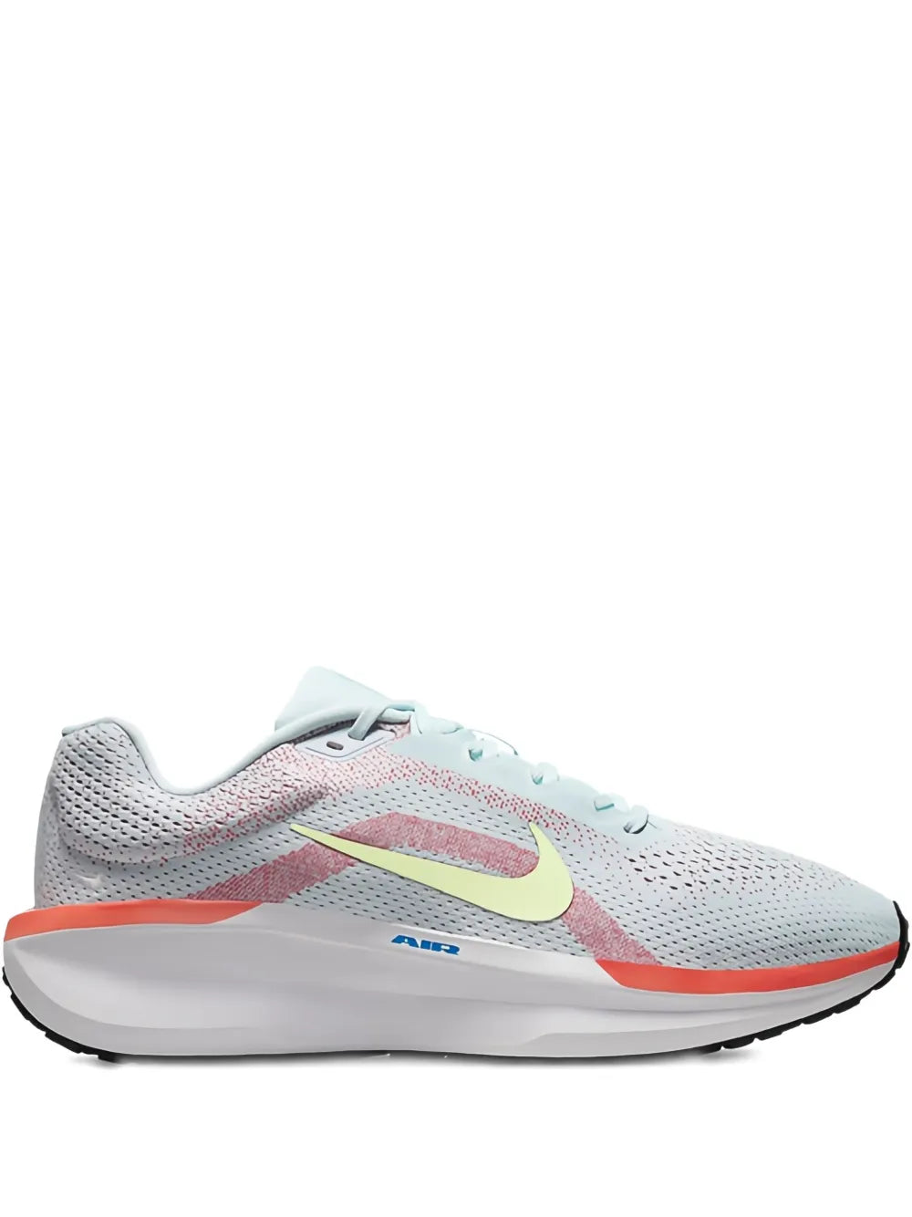 Nike Winflo 11 running trainers in light grey with mint accents, lace-up, side view