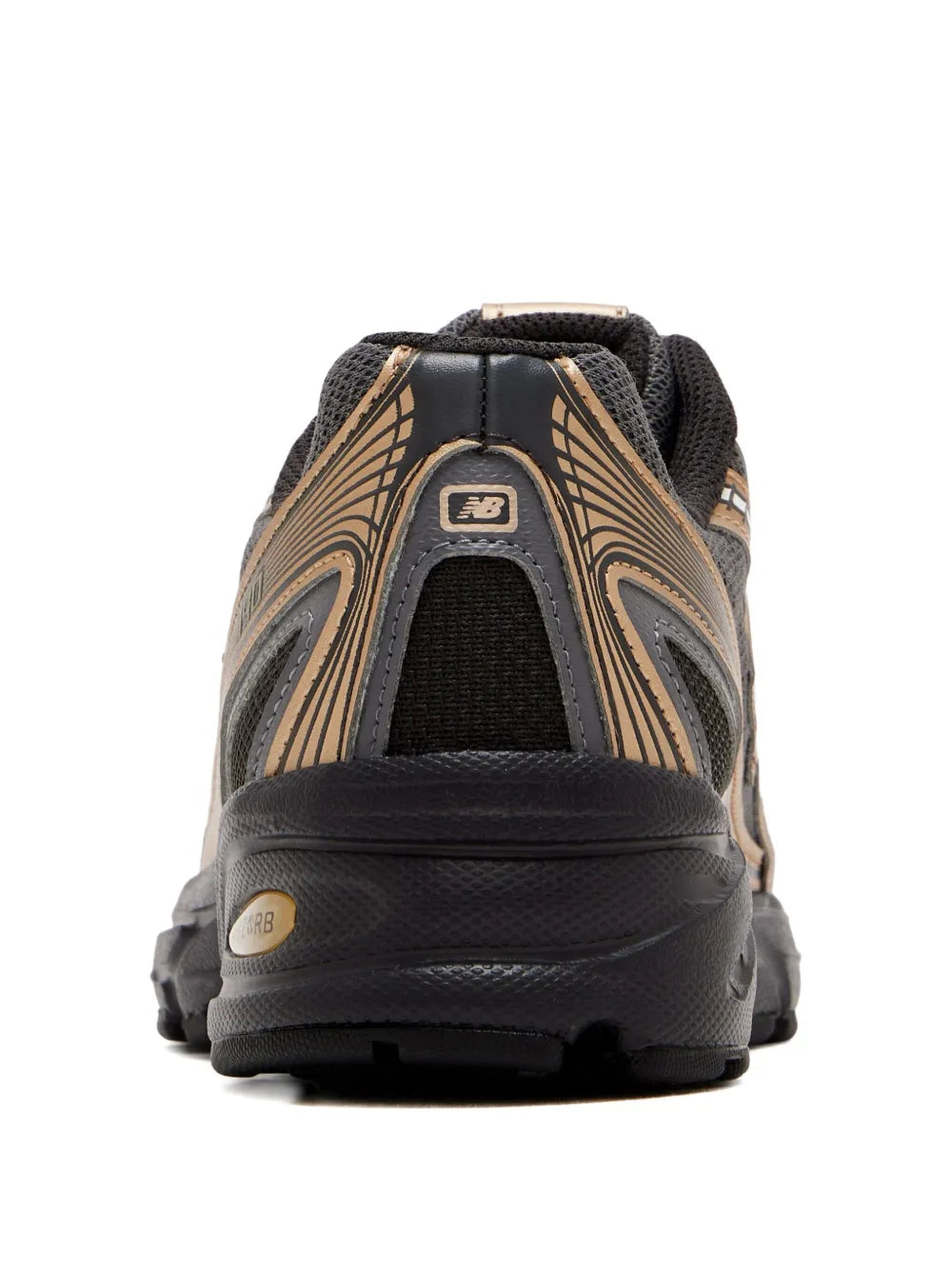 Black and beige lace-up running shoe with heel tab and ABZORB logo on back