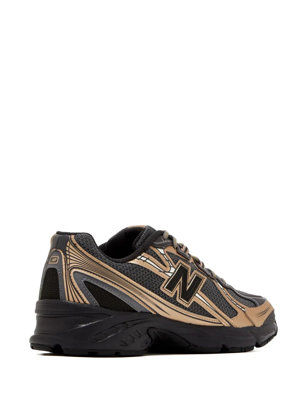 Black and beige panelled running shoe with large N logo and grippy tread sole