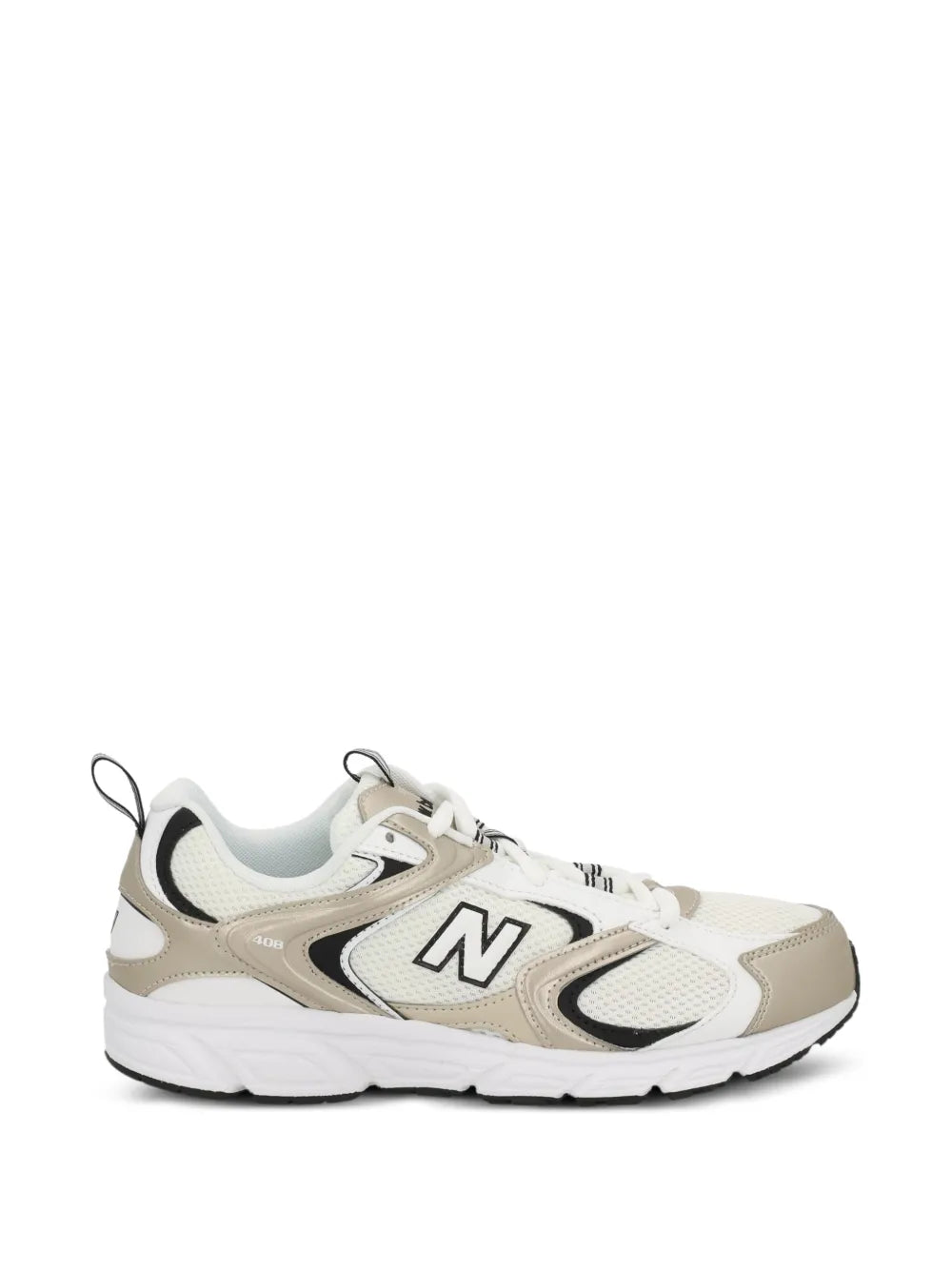 Beige New Balance 408 running sneaker, black N logo panels