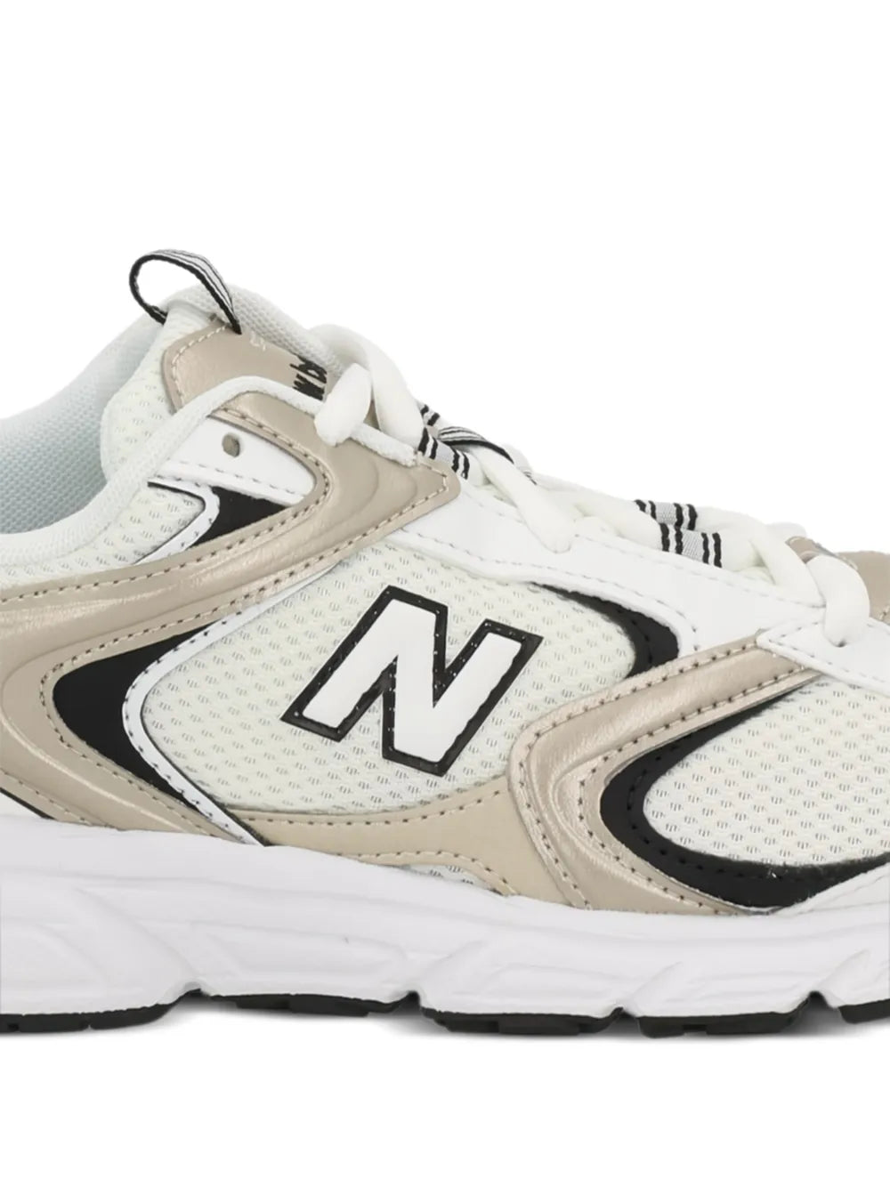 Beige New Balance 408 sneaker side view, black N logo and laces