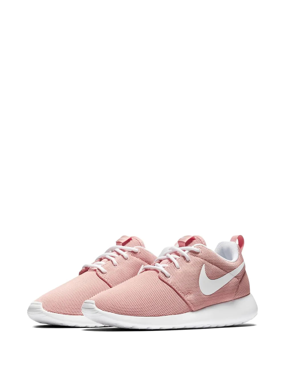 Nike Roshe Run pink knit sneaker with white swoosh, lace-up front, and white sole