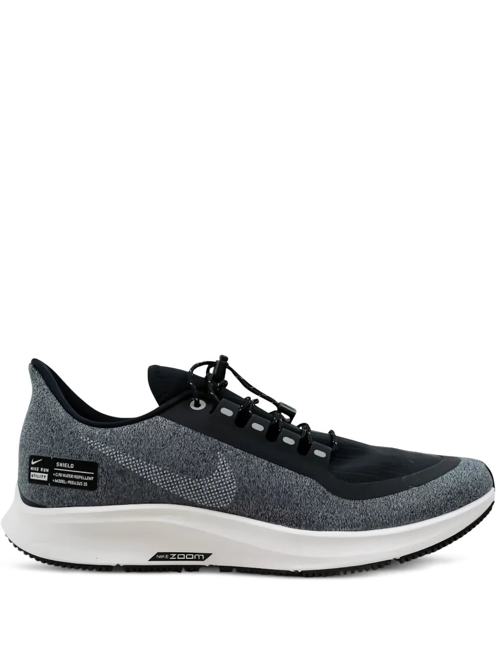 Nike men's running shoe, black and gray knit upper, lace-up, white Zoom cushioned sole
