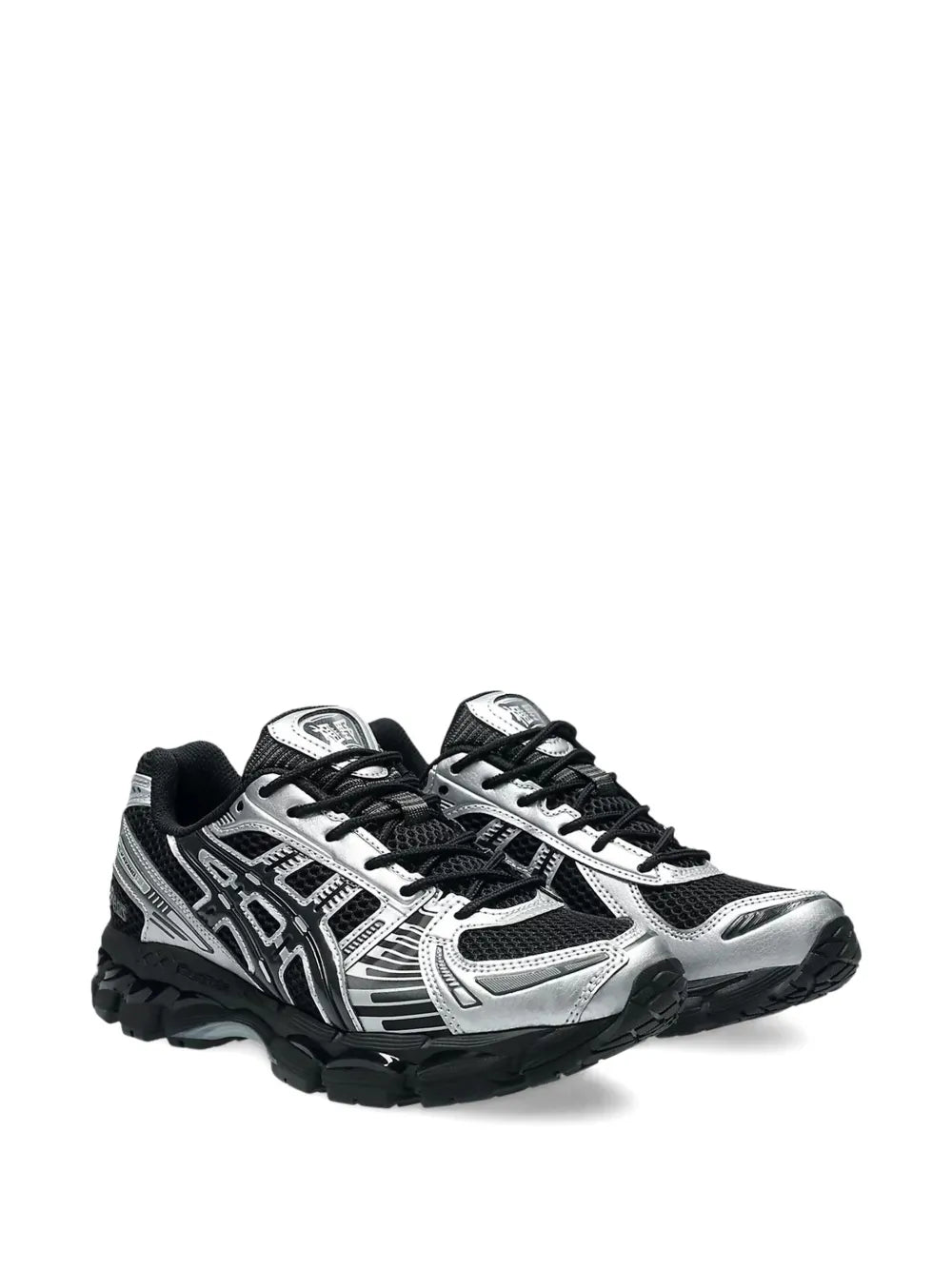 ASICS lace-up running shoe, angled side view in black mesh with silver overlays and tread sole