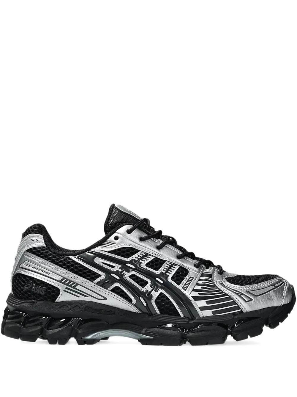 ASICS lace-up running shoe with black mesh upper, silver accents, and chunky sole