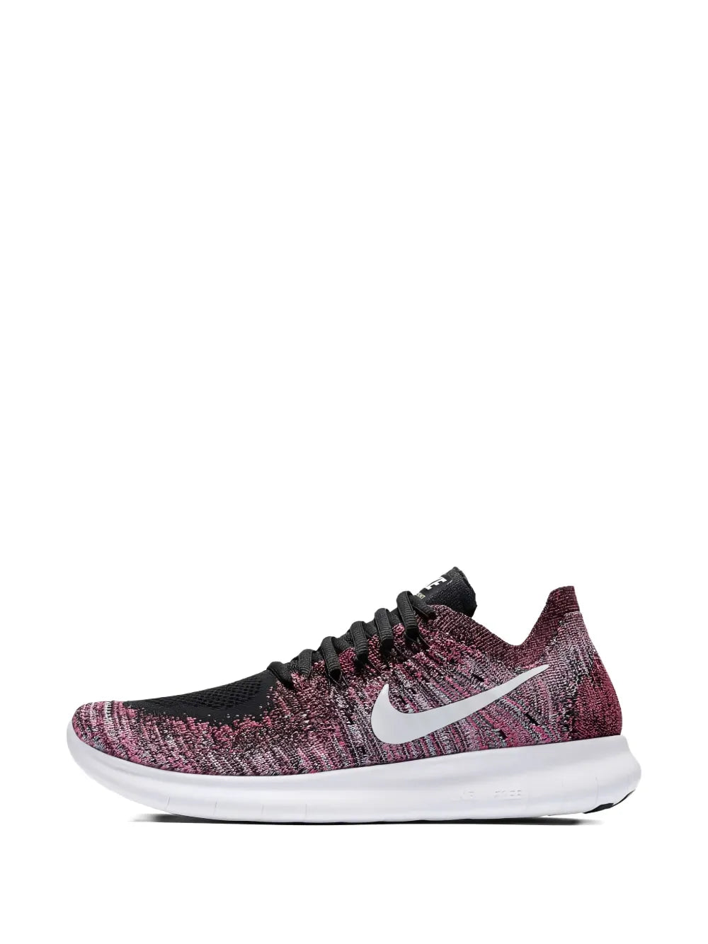 Nike Free RN runner shoe, maroon speckled knit upper, white outsole, black laces