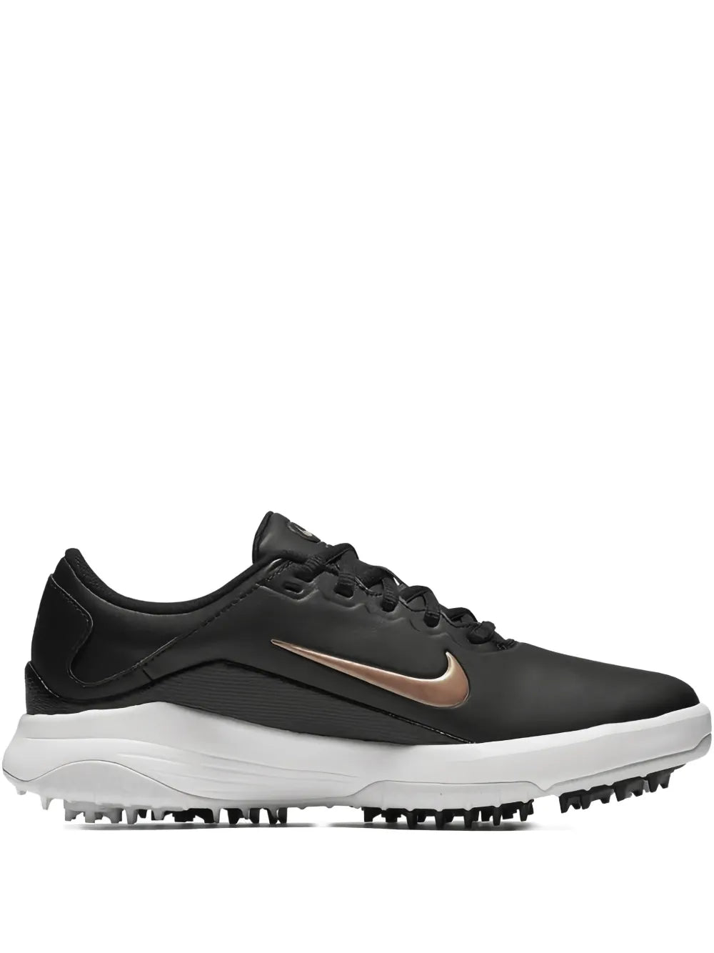 Black Nike Vapor G golf shoe with tan swoosh and studded outsole