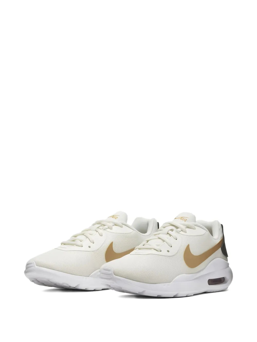 Nike Air Max Oketo light beige sneakers with gold swoosh, lace-up, white rubber sole