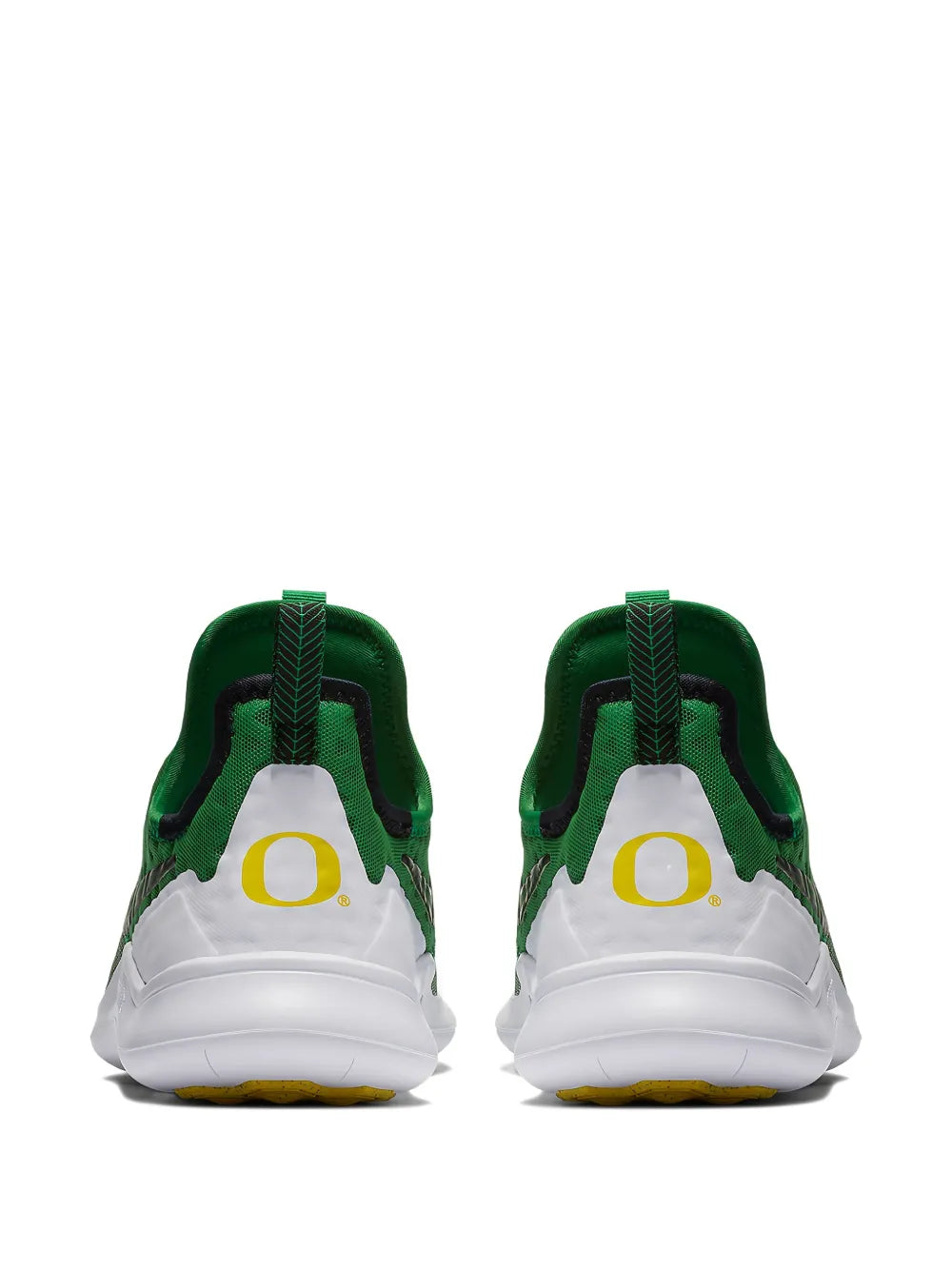 Back view training shoe in dark green with yellow emblem and white sole