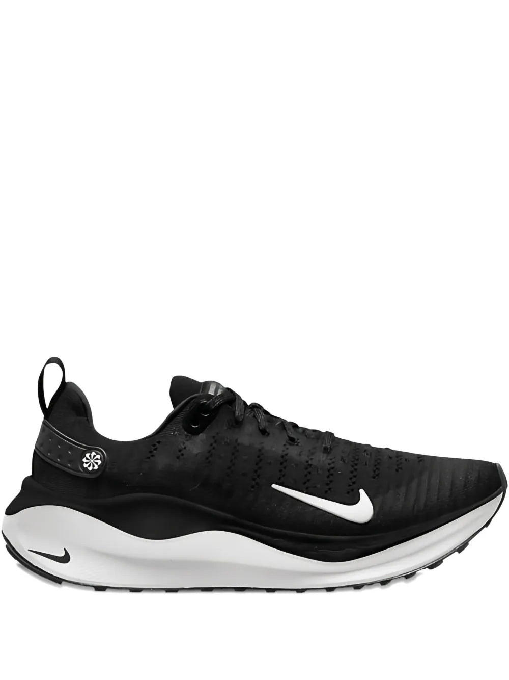 Nike black lace-up running shoe with white swoosh and cushioned sole