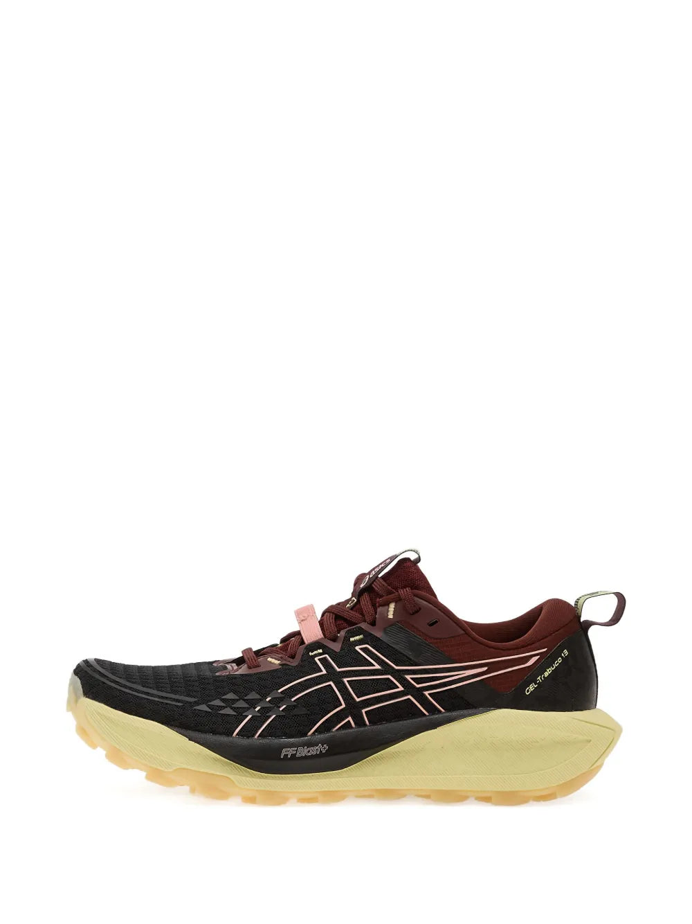 Trail running shoe, black upper with maroon laces and pink accents, light yellow sole