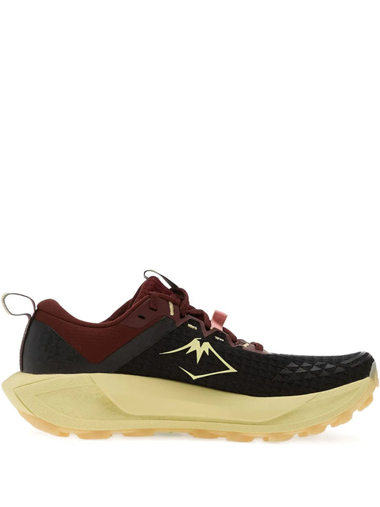 Trail running shoe, maroon and black with neon yellow logo, lace-up