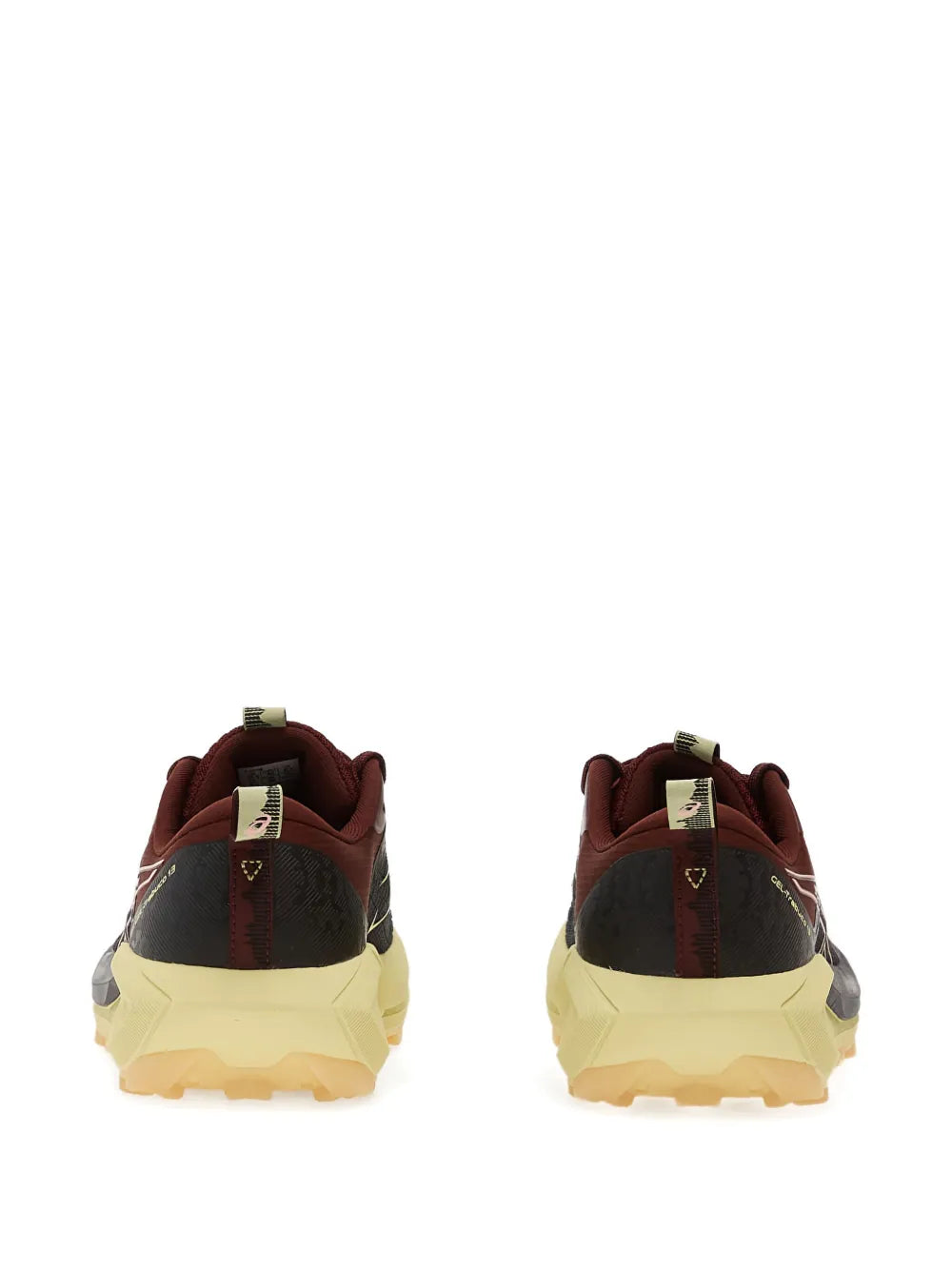 Back view trail running shoes, maroon collars and black panels, light yellow soles