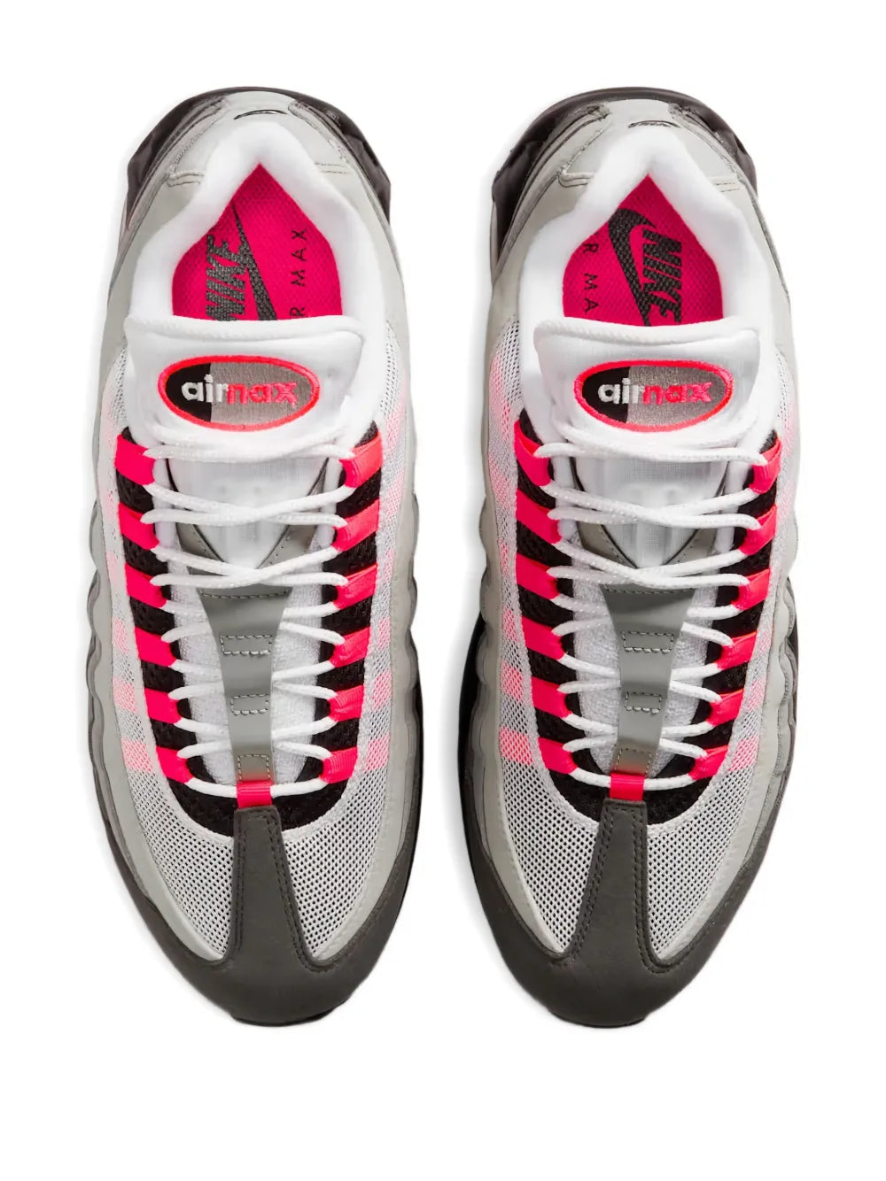 Lace-up sneakers with Air Max logo, gray mesh upper, white laces, pink/red stripes
