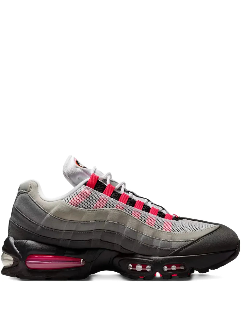 Nike Air Max 95 lace-up sneakers, black and gray with red accents, visible air sole