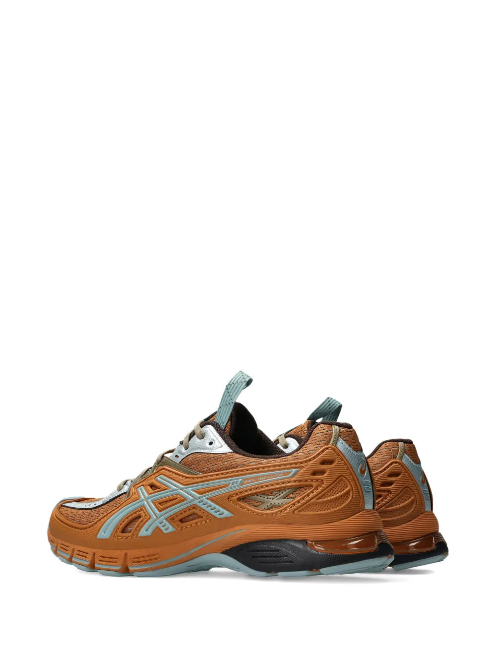 ASICS logo-detail running shoes, side view in orange with light blue accents