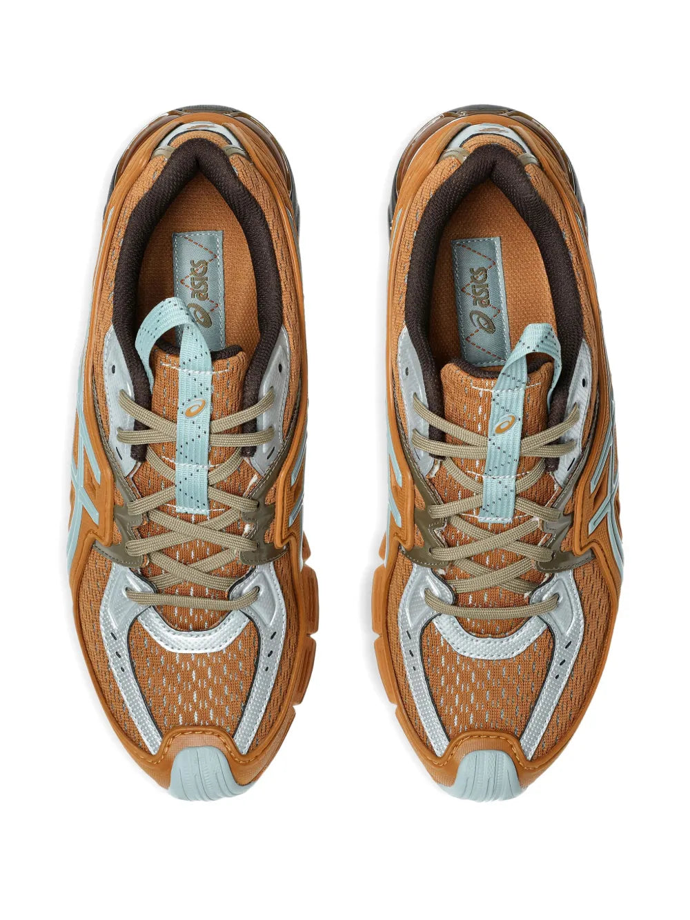 ASICS logo-detail running shoes, front view pair in orange with light blue laces