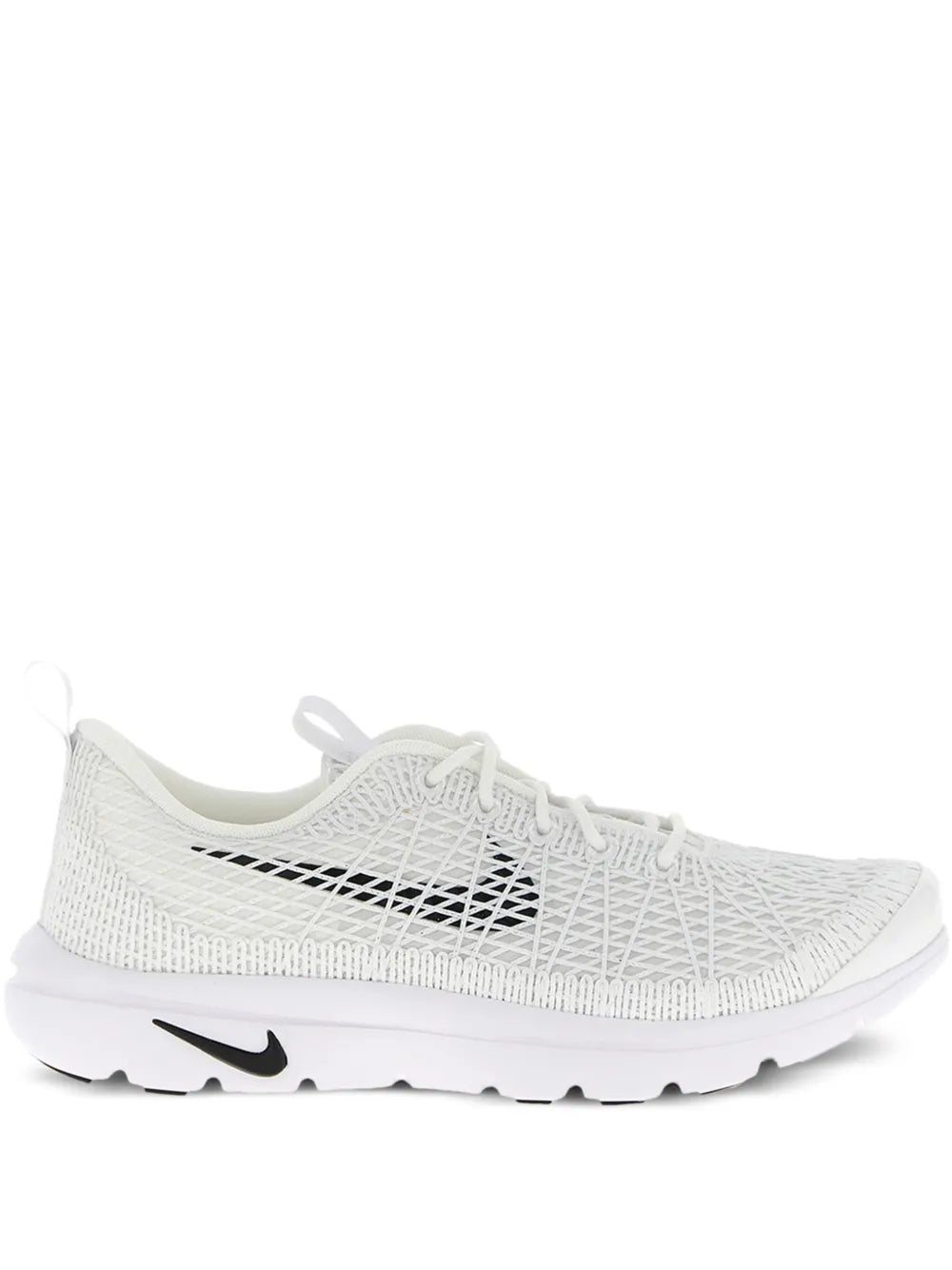 White knit lace-up sneakers with black Swoosh logo and cushioned white sole