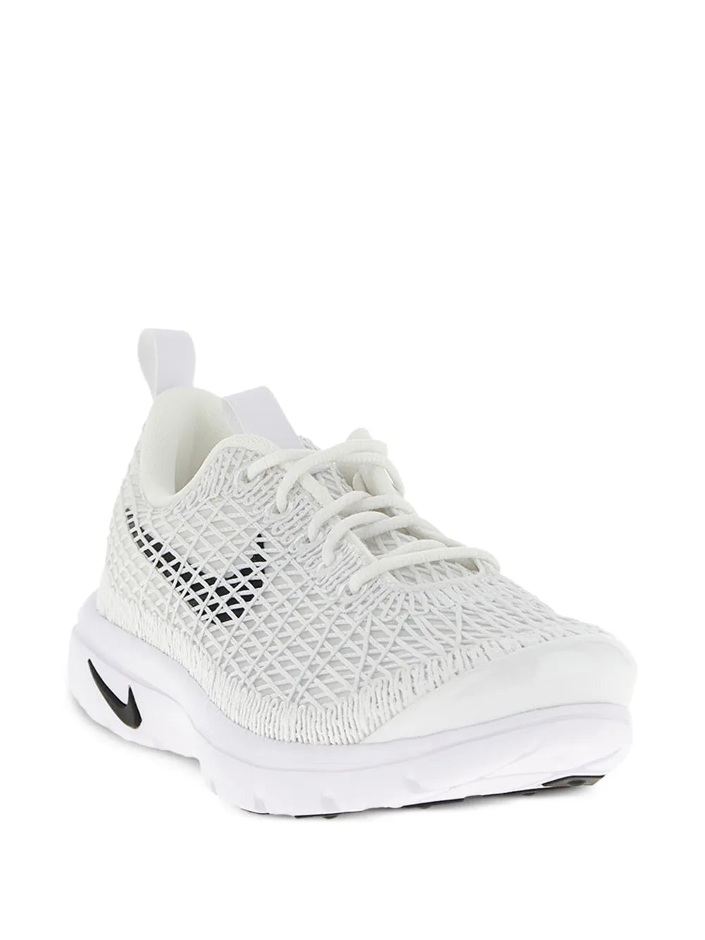White knit lace-up sneaker, side view with black Swoosh and thick white sole