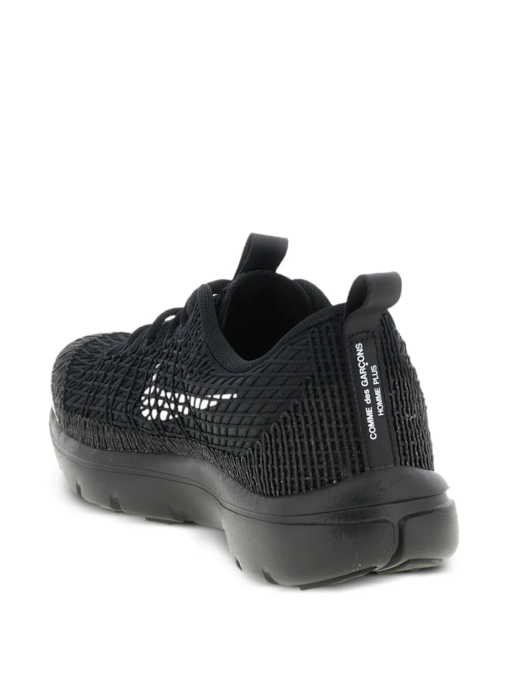 Black knit sneaker heel and side view with Swoosh and text logo on back