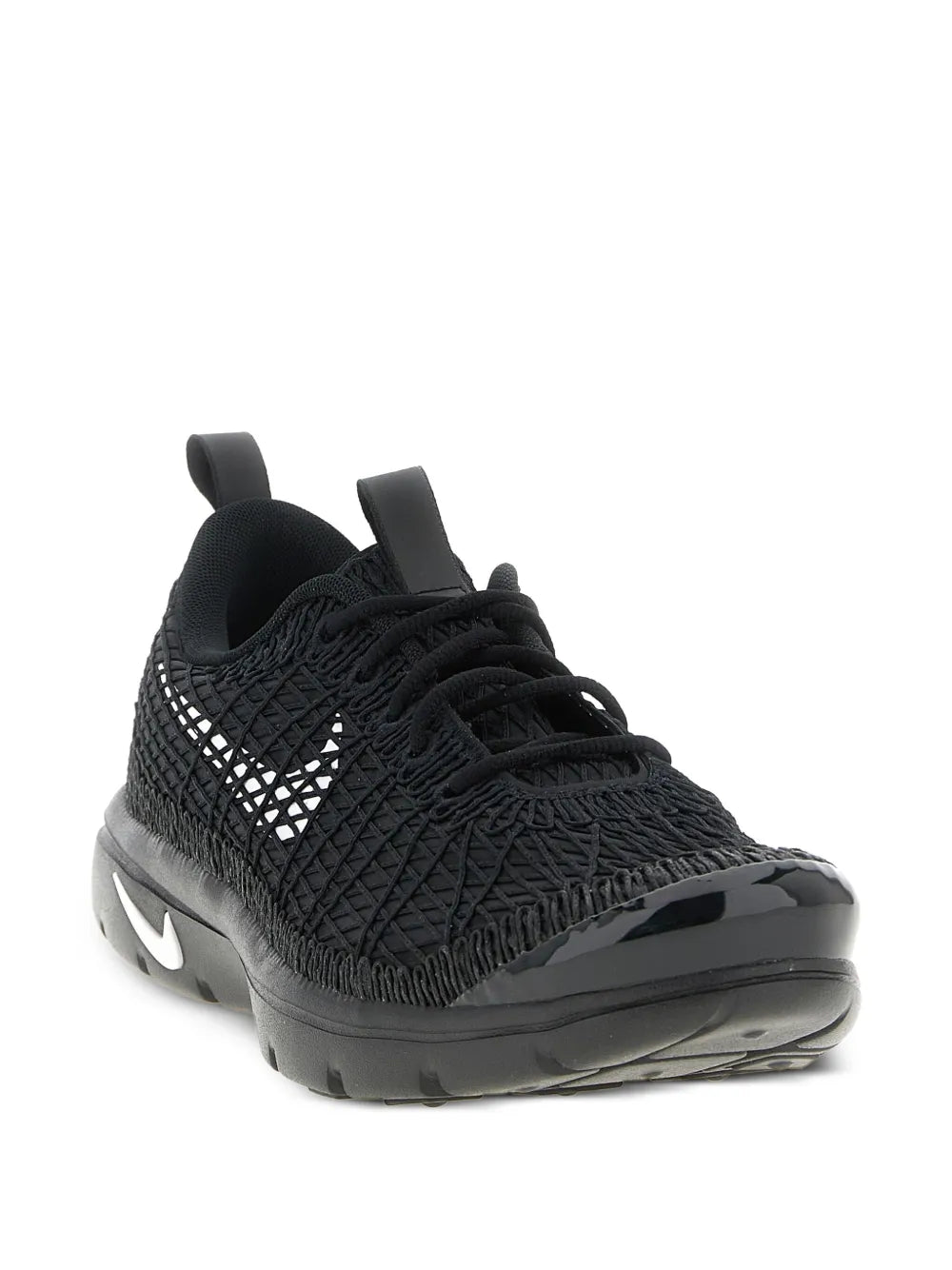 Black knit sneaker with white mesh Swoosh detail, lace-up front and padded collar