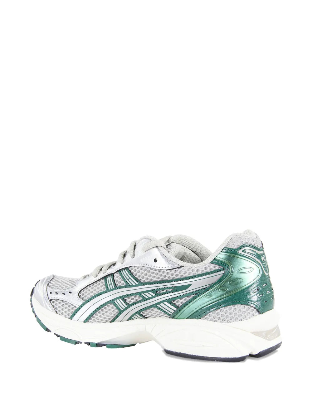 ASICS running trainers, white/gray with green heel panel and striped side, lace-up