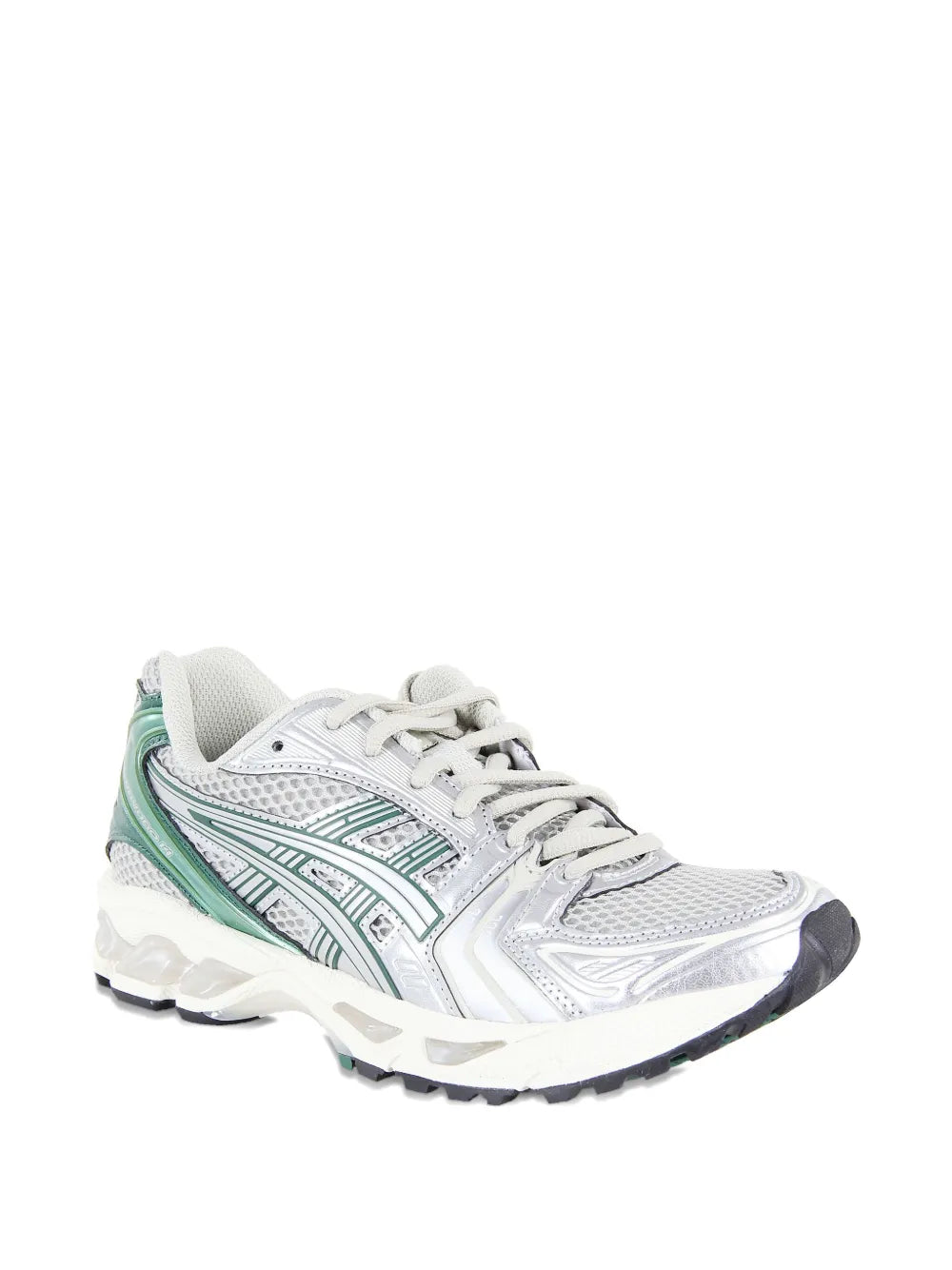ASICS running trainers, white and gray mesh with green logo stripes, lace-up sole