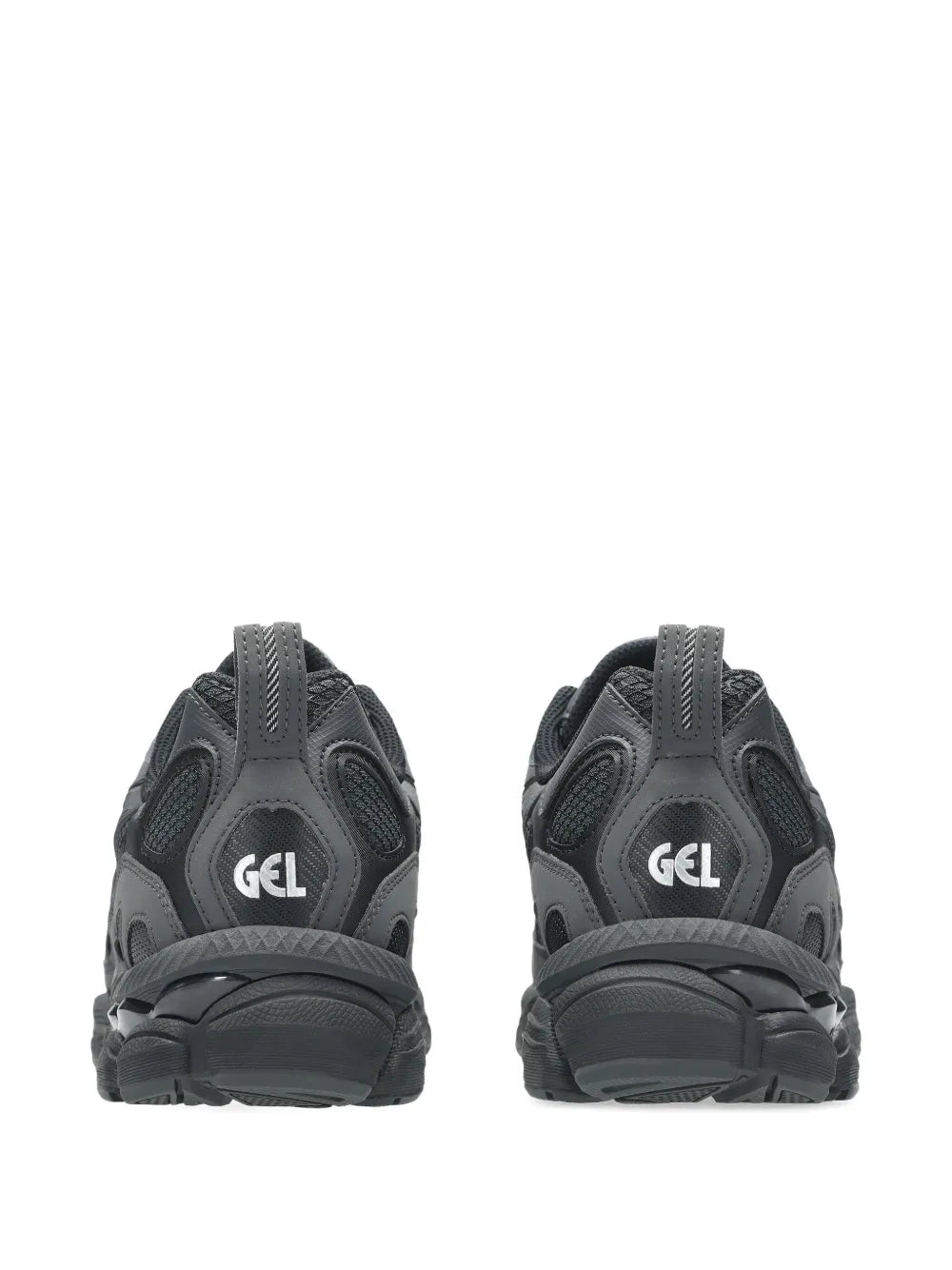 Black running shoes back view, GEL logo on heel with molded support