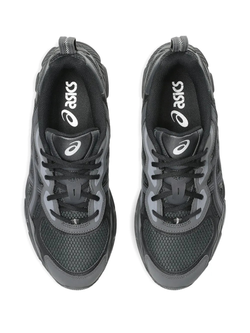 Black lace-up running shoes, ASICS logo on tongue and woven collar