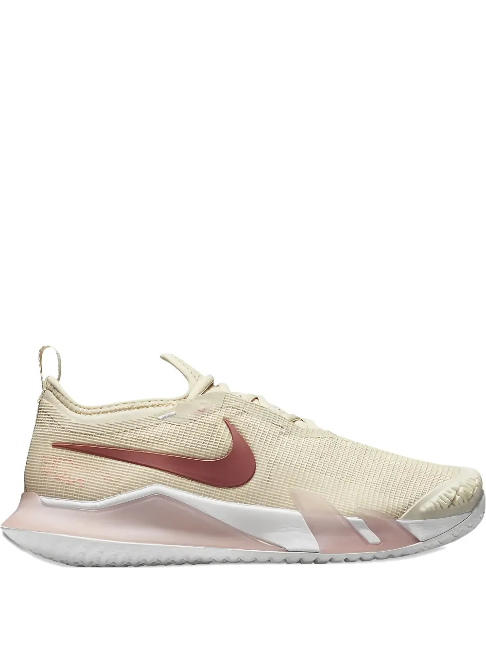 Nike Court React Vapor lace-up sneakers, off-white knit with red swoosh and pink sole