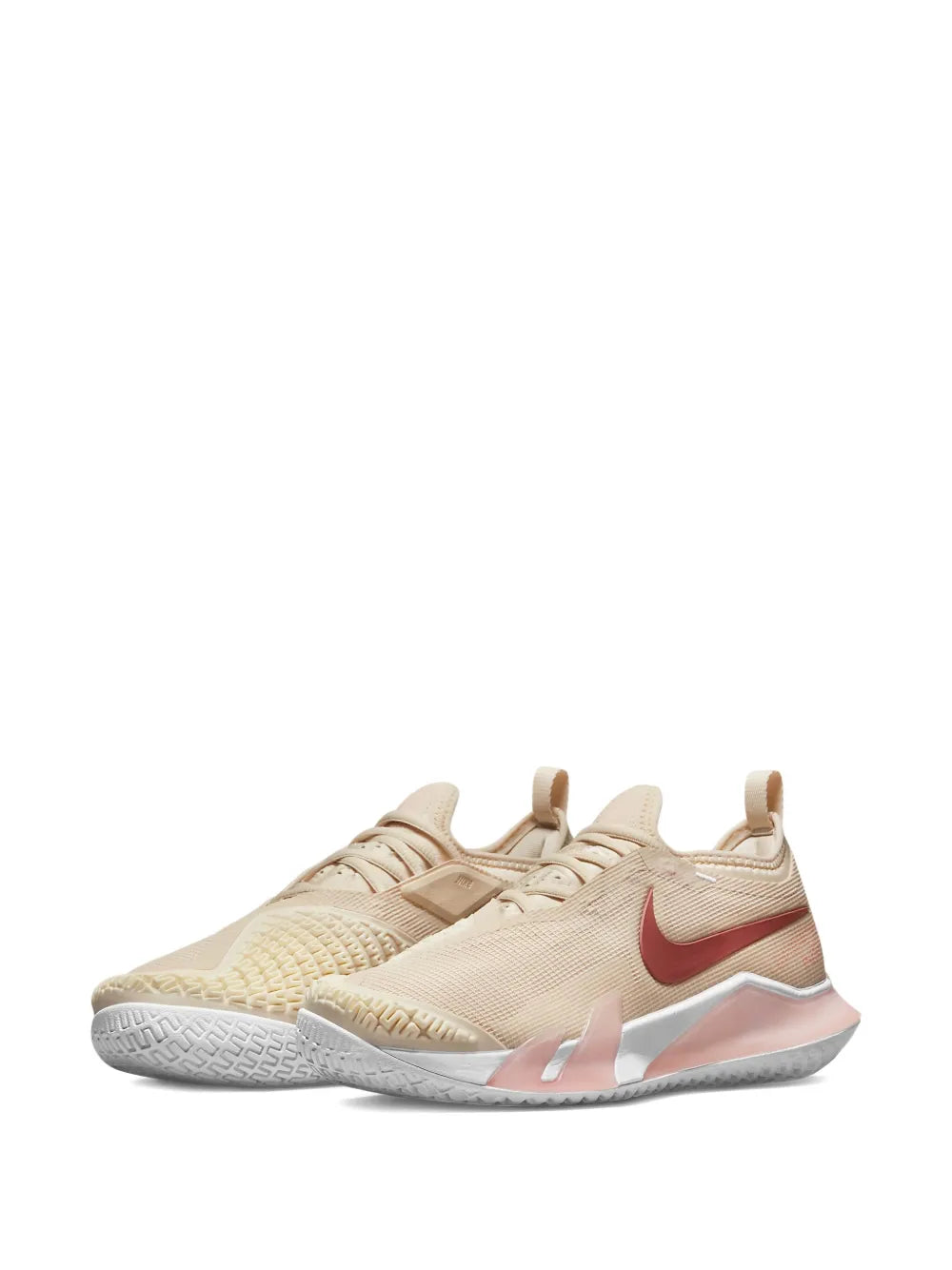 Nike Court React Vapor lace-up sneakers, beige knit with red swoosh and pink sole accents